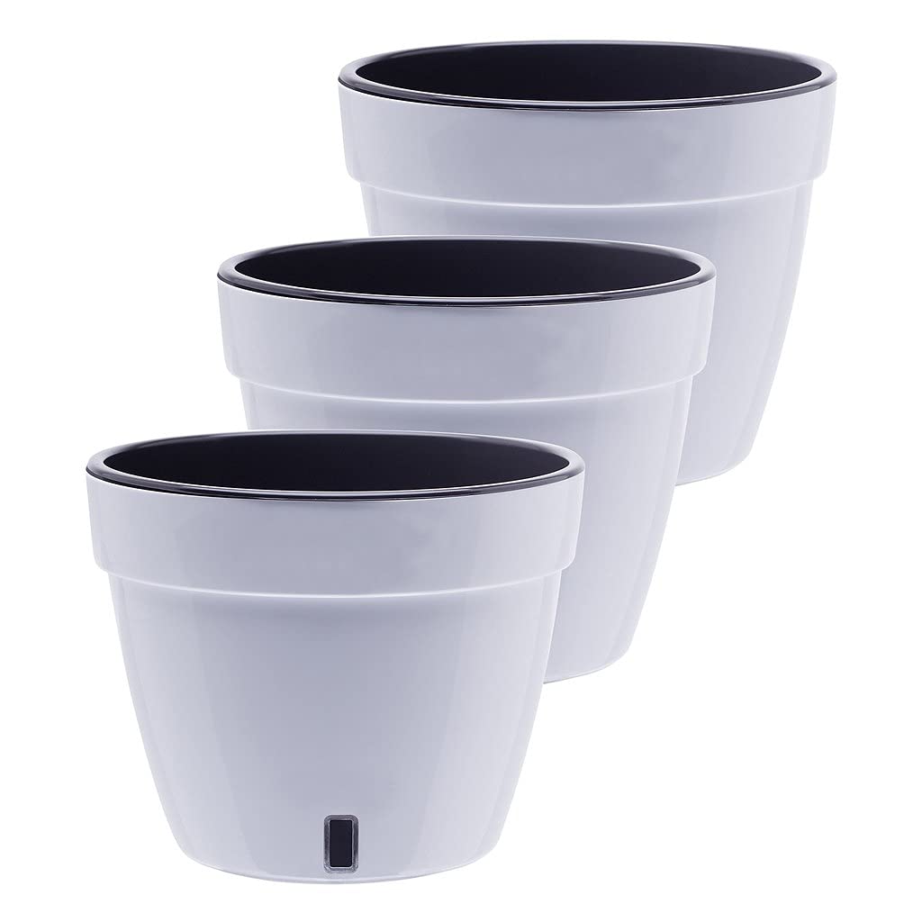 Gardenera 7.1" ASTI Self Watering Planter (Set of 3) in WHITE/BLACK - Modern Flower Pot with Water Level Indicator for All House Plants, Flowers, Herbs, Succulents and Hanging Plants