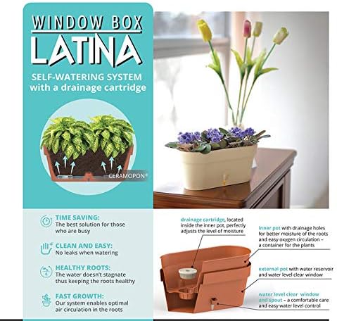 Santino Self Watering Window Box Planter Latina 15.6 Inch, Graphite, Indoor/Outdoor Windowsill/Oblong Shape Plastic Planter with Bottom Watering and Water Level Indicator