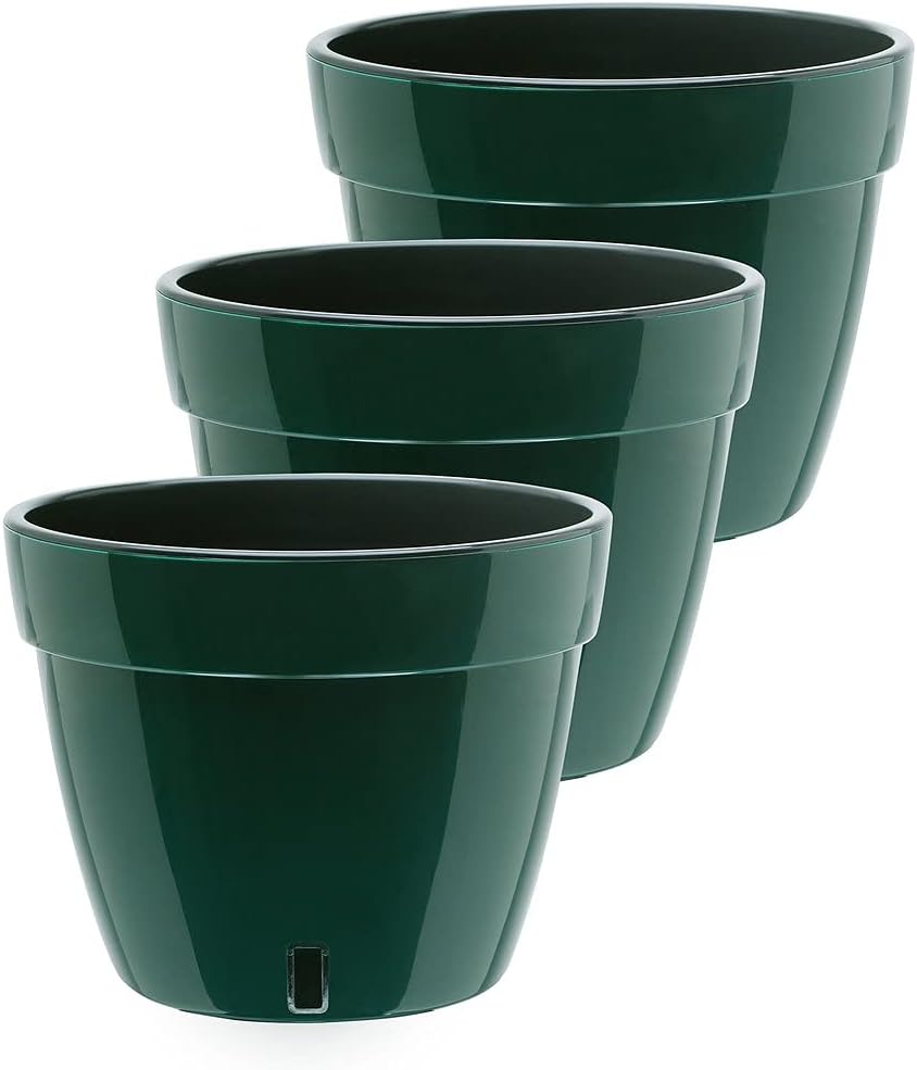 Gardenera 10.6" ASTI Self Watering Planter (Set of 3) in GREEN/BLACK - Modern Flower Pot with Water Level Indicator for All House Plants, Flowers, Herbs, Succulents and Hanging Plants