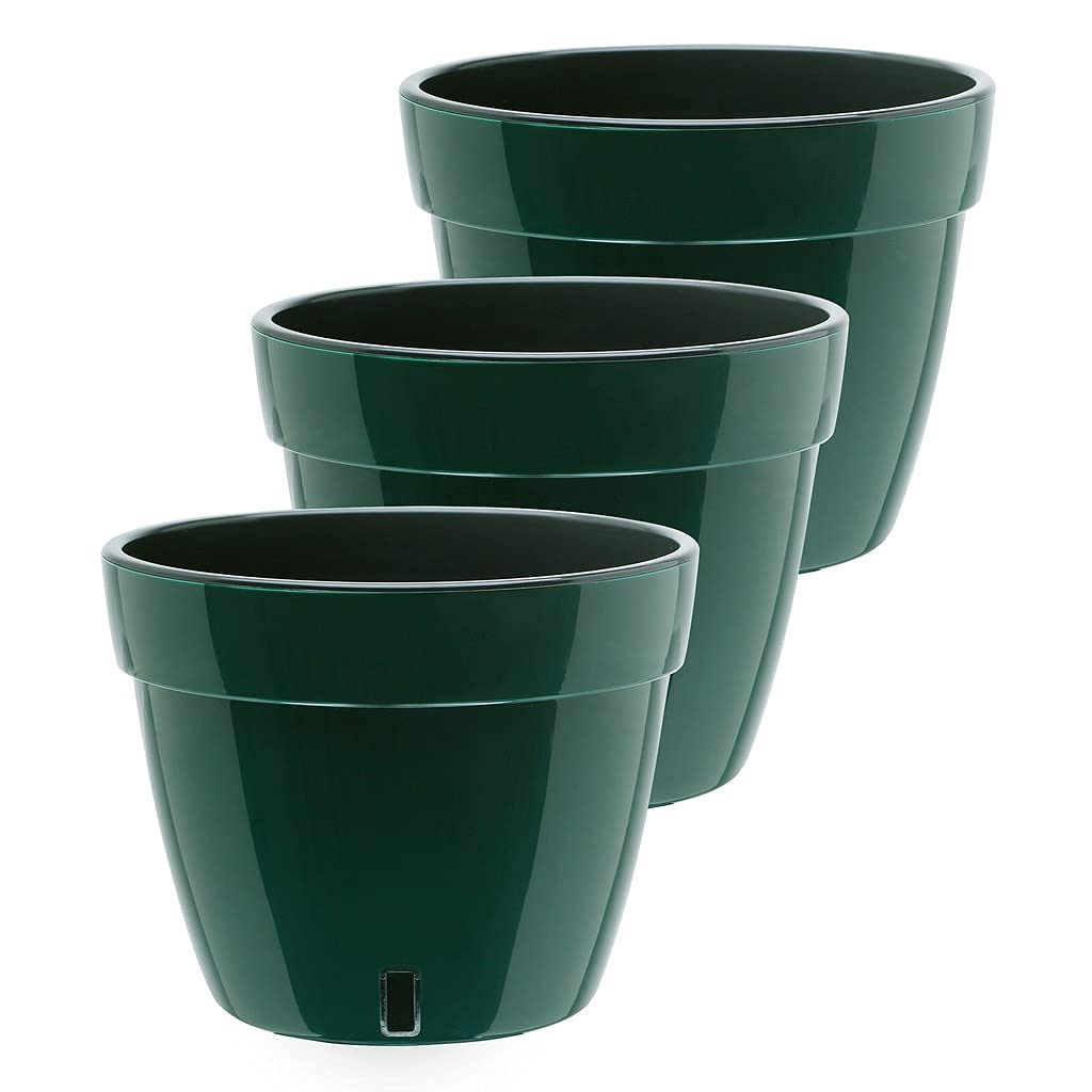 Gardenera 7.9" ASTI Self Watering Planter (Set of 3) in Green/Black - Modern Flower Pot with Water Level Indicator for All House Plants, Flowers, Herbs, Succulents and Hanging Plants