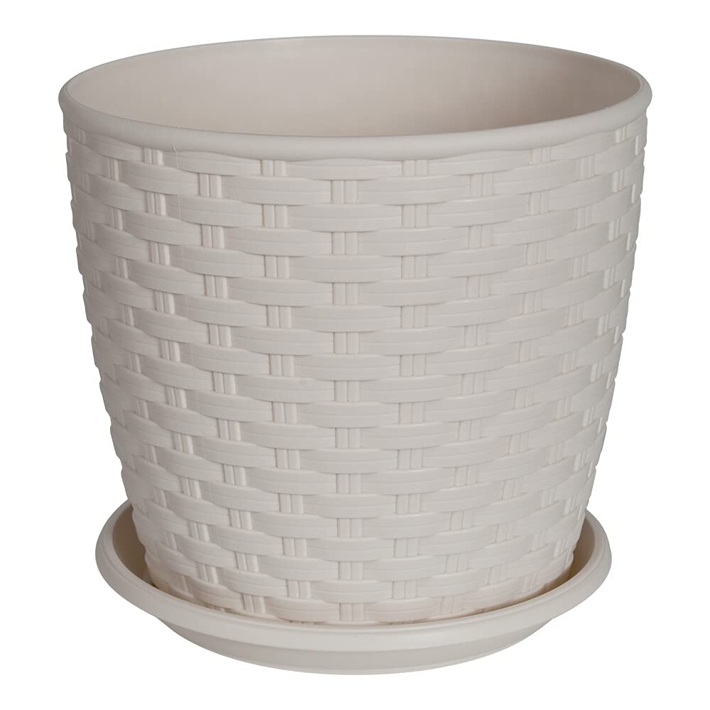 Gardenera ALEANA Planter - RATTAN - 4.7 Inch Flower Pot with Plate in White Rose