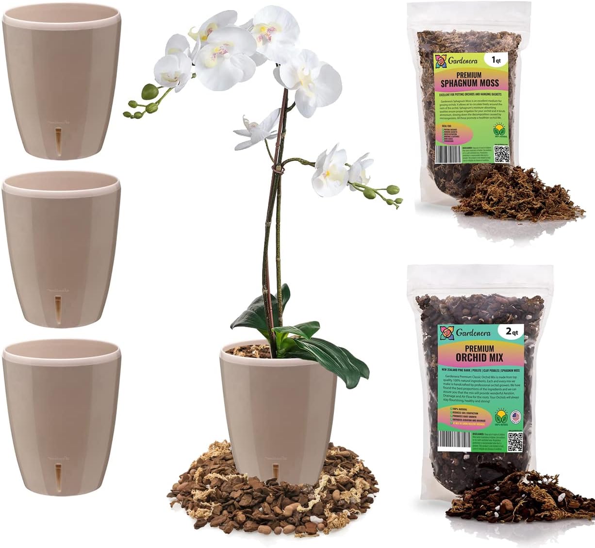 Gardenera PREMIUM Orhid Growing Kit - SET of 4-4.9" Self-Watering Orchid Wicking Planters w/Water Level Indicator + Orchid Soil Mix + Sphagnum Moss (Ø 4.9 Inch Pots in SAND)