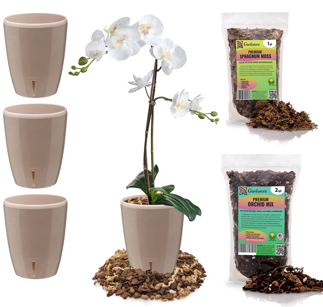 Gardenera PREMIUM Orhid Growing Kit - SET of 4-4.9" Self-Watering Orchid Wicking Planters w/Water Level Indicator + Orchid Soil Mix + Sphagnum Moss (Ø 4.9 Inch Pots in SAND)