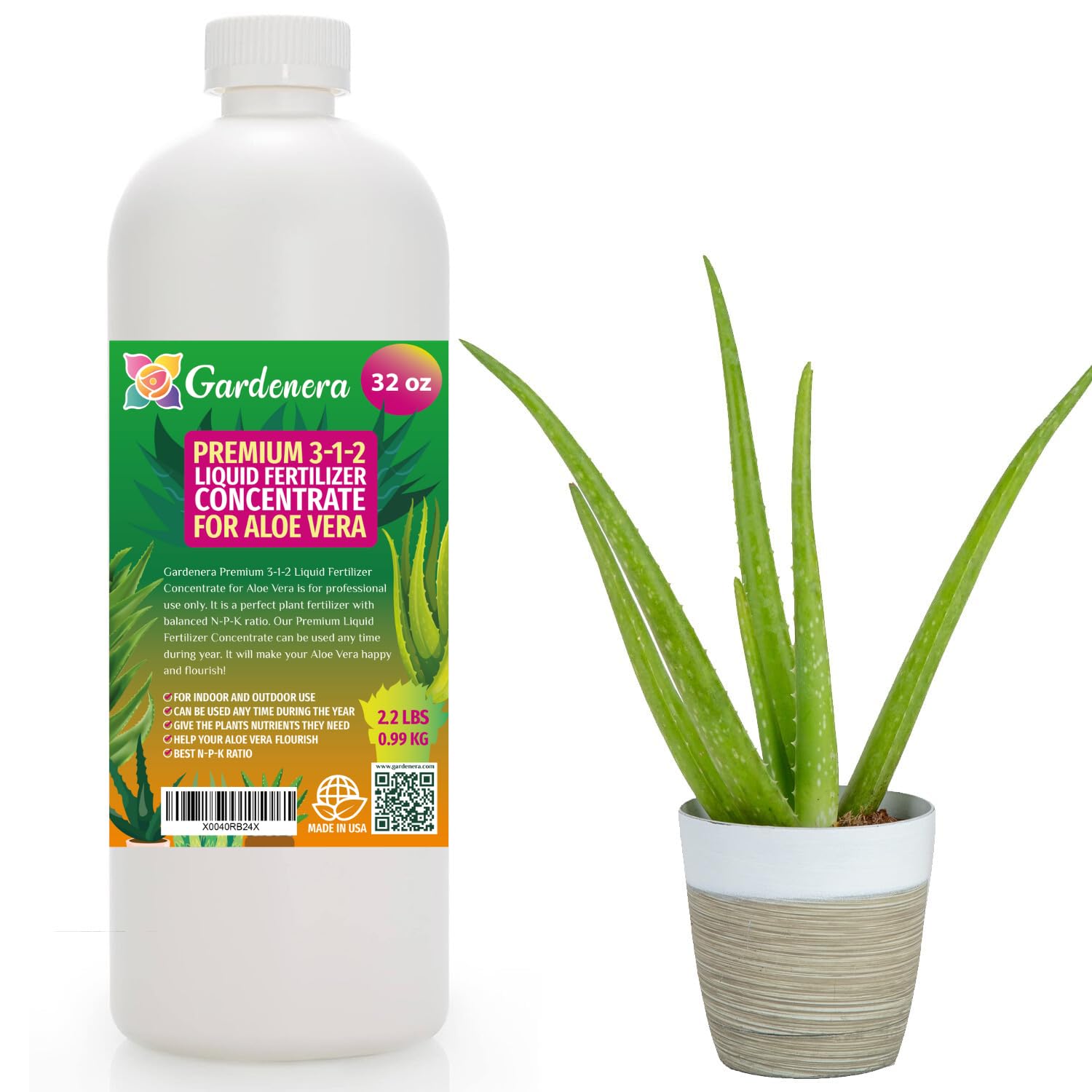 Premium Liquid Aloe Vera Plant Fertilizer - 3-1-2 Concentrate for Indoor Plants and Flowers by Gardenera | Organic Plant Food for Aloe Vera Plants - 32oz