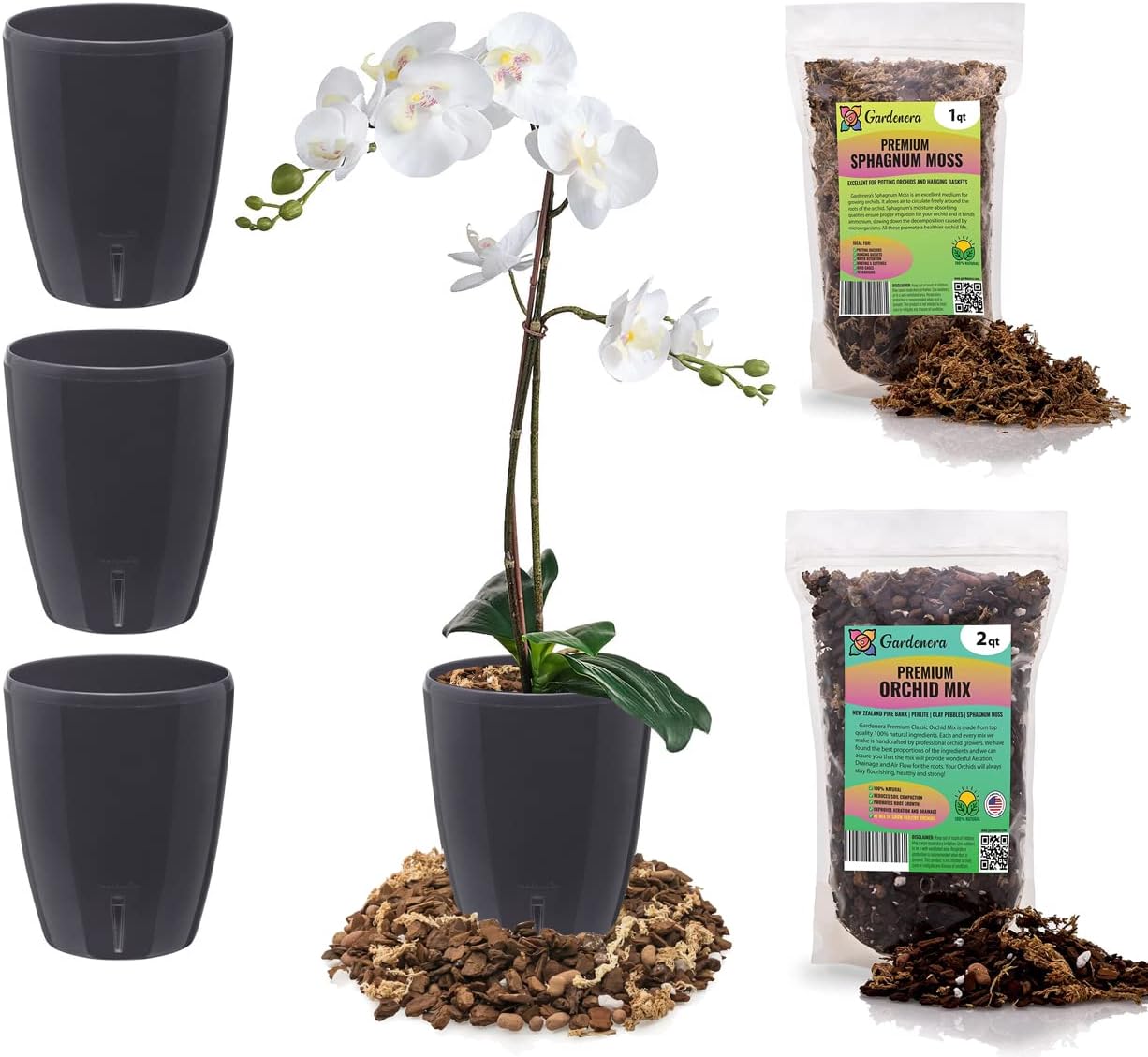 Gardenera PREMIUM Orhid Growing Kit - SET of 4-4.9" Self-Watering Orchid Wicking Planters w/Water Level Indicator + Orchid Soil Mix + Sphagnum Moss (Ø 4.9 Inch Pots in ANTHRACITE)