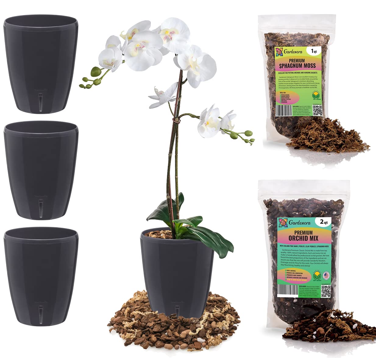 Gardenera PREMIUM Orhid Growing Kit - SET of 4-4.9" Self-Watering Orchid Wicking Planters w/Water Level Indicator + Orchid Soil Mix + Sphagnum Moss (Ø 4.9 Inch Pots in ANTHRACITE)