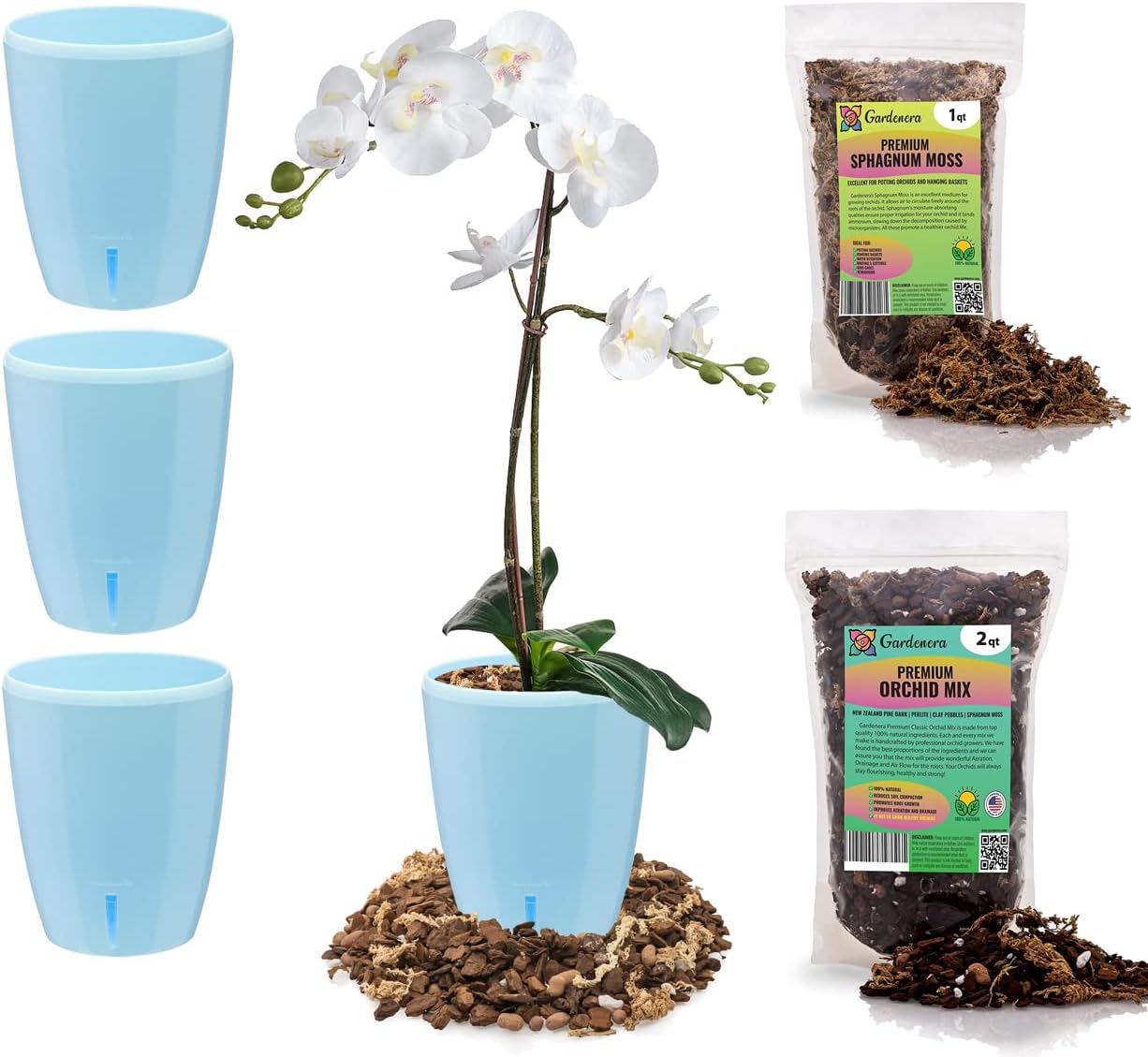 Gardenera PREMIUM Orhid Growing Kit - SET of 4-5.9" Self-Watering Orchid Wicking Planters w/Water Level Indicator + Orchid Soil Mix + Sphagnum Moss (Ø 5.9 Inch Pots in BLUE)