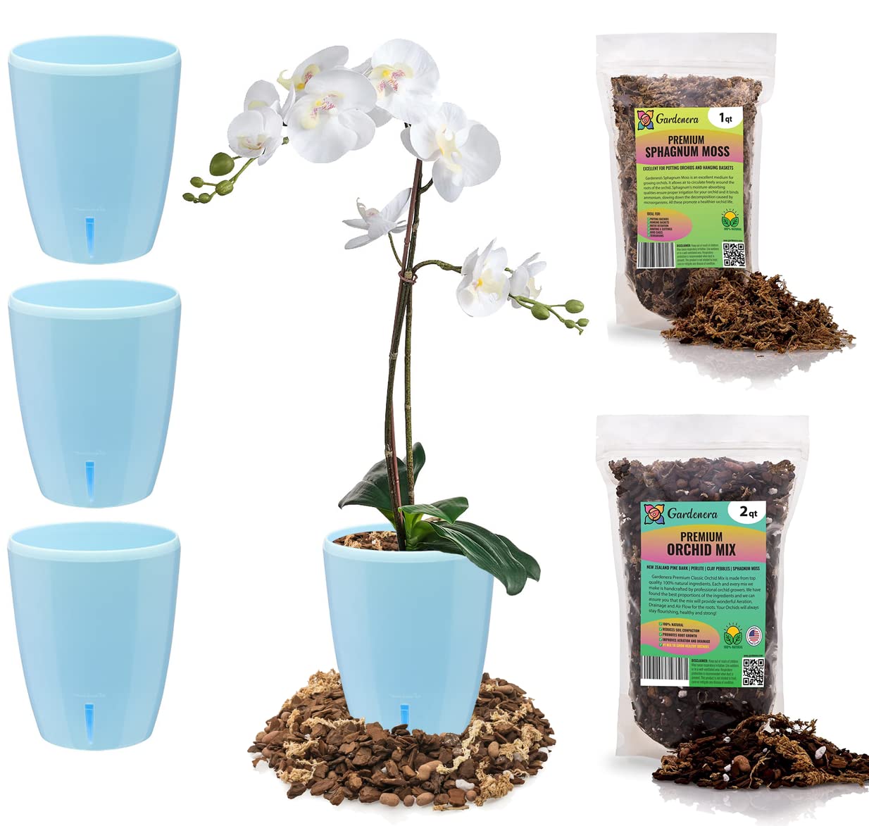 Gardenera PREMIUM Orhid Growing Kit - SET of 4-5.9" Self-Watering Orchid Wicking Planters w/Water Level Indicator + Orchid Soil Mix + Sphagnum Moss (Ø 5.9 Inch Pots in BLUE)