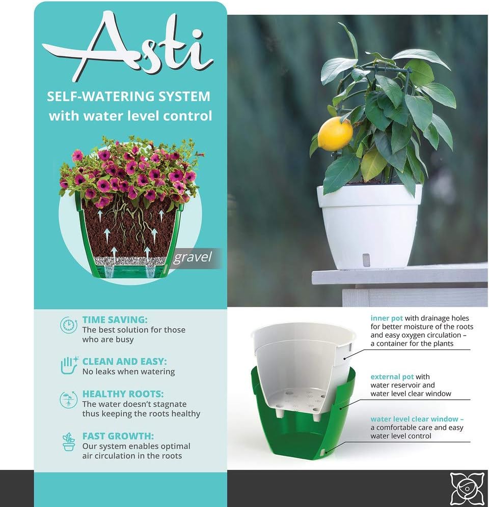 Gardenera 7.1" ASTI Self Watering Planter (Set of 3) in WHITE/BLACK - Modern Flower Pot with Water Level Indicator for All House Plants, Flowers, Herbs, Succulents and Hanging Plants