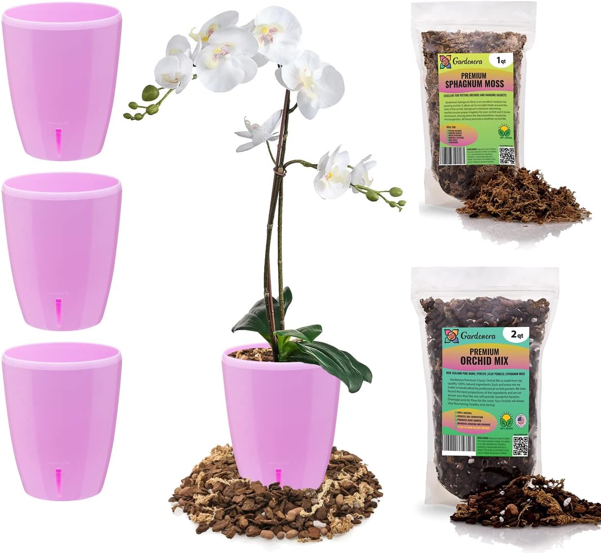 Gardenera PREMIUM Orhid Growing Kit - SET of 4-4.9" Self-Watering Orchid Wicking Planters w/Water Level Indicator + Orchid Soil Mix + Sphagnum Moss (Ø 4.9 Inch Pots in LAVENDER)