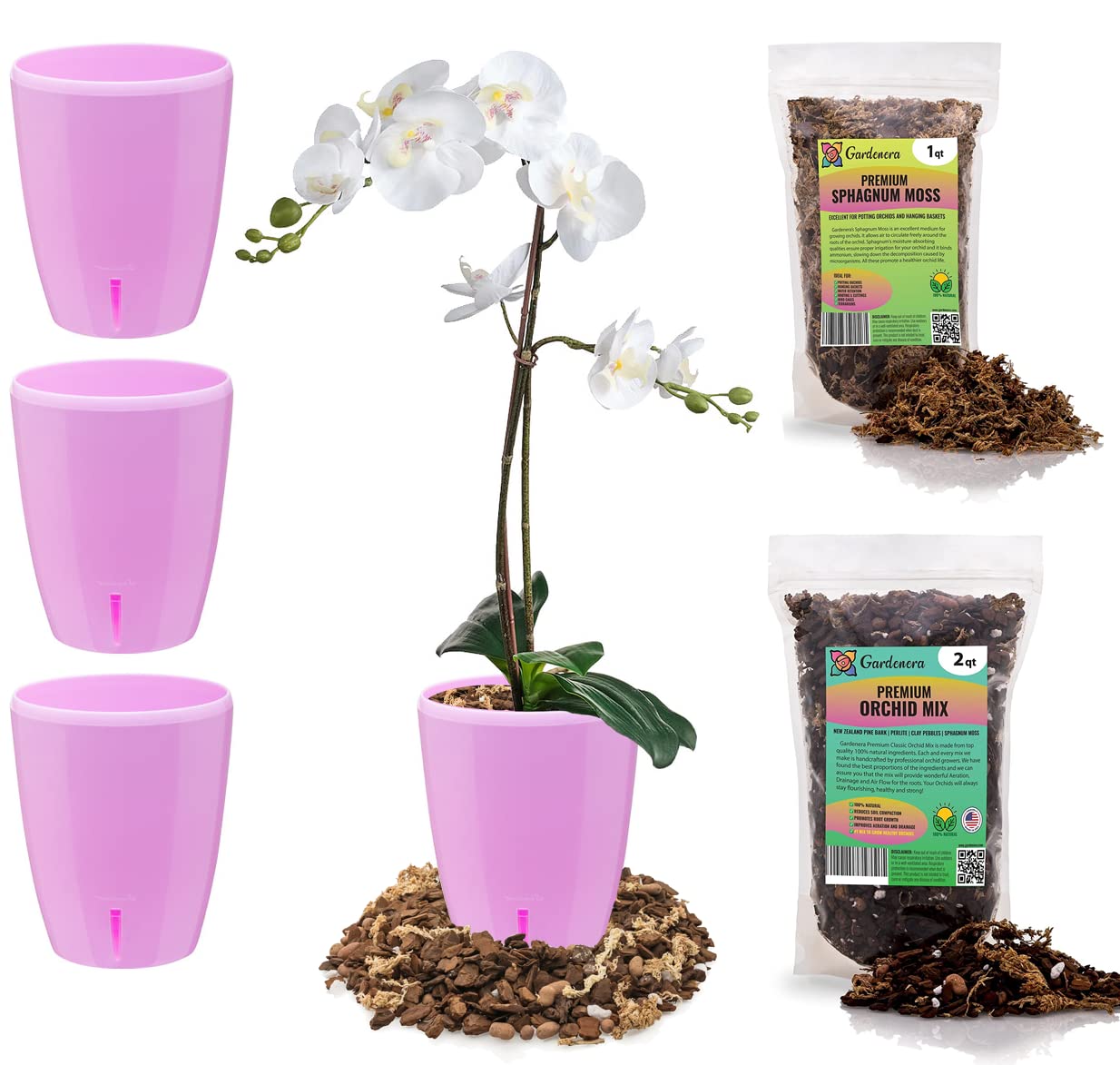 Gardenera PREMIUM Orhid Growing Kit - SET of 4-4.9" Self-Watering Orchid Wicking Planters w/Water Level Indicator + Orchid Soil Mix + Sphagnum Moss (Ø 4.9 Inch Pots in LAVENDER)