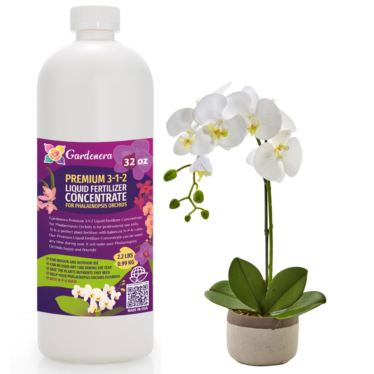 Premium Liquid PHALAENOPSIS Orchid Plant Fertilizer - 3-1-2 Concentrate for Indoor Plants and Flowers by Gardenera | Organic Plant Food for Pothos Plants - 32oz