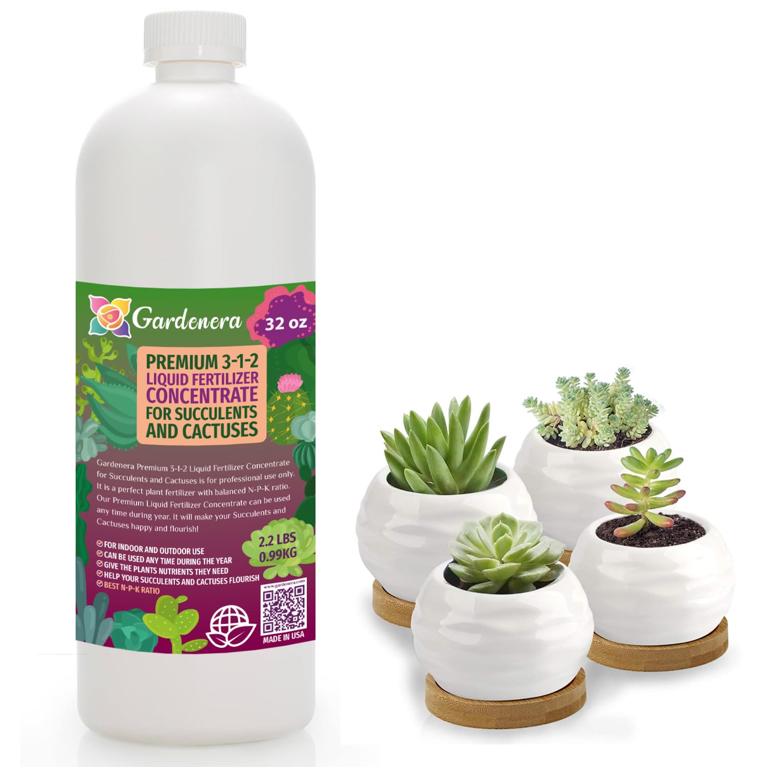 Premium Liquid SUCCULENT Plant Fertilizer - 3-1-2 Concentrate for Indoor Plants and Flowers by Gardenera | Organic Plant Food for SUCCULENTS - 32oz