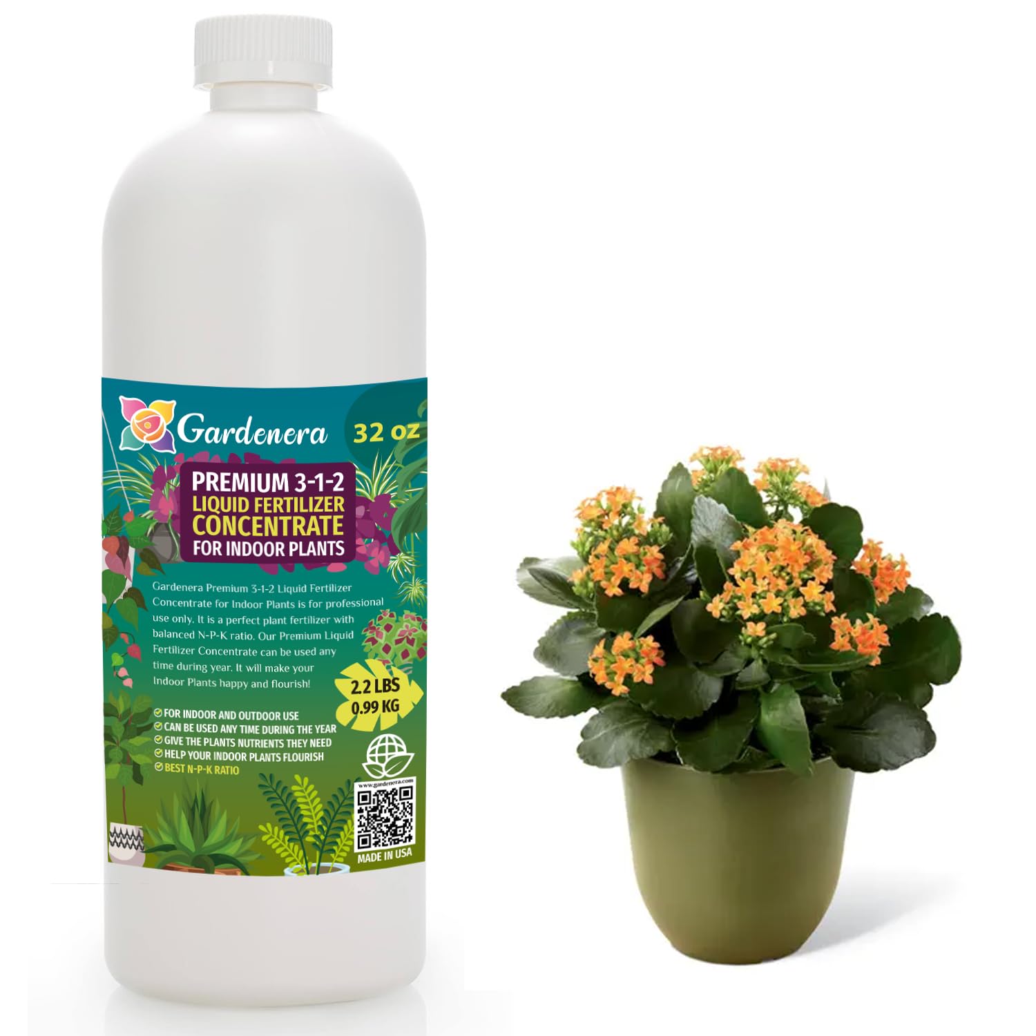 Premium Liquid Indoor Plants Fertilizer - 3-1-2 Concentrate for Indoor Plants and Flowers by Gardenera | Organic Plant Food for Indoor Plants - 32oz