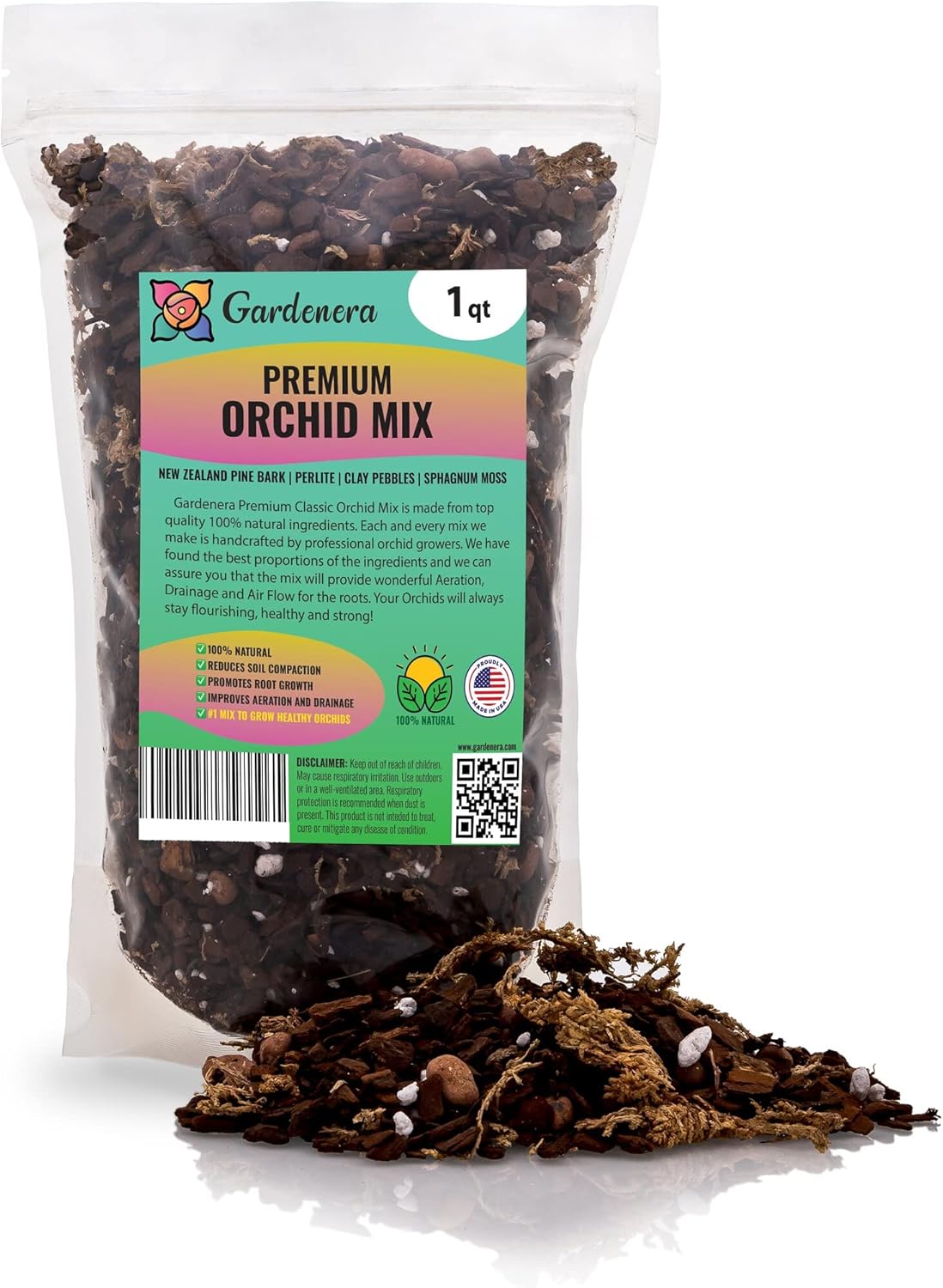 Premium Orchid Soil Mix by Gardenera - Hand Mixed New Zealand Pinus Radiata 100% Natural Potting Soil Bark Mix - for Phalaenopsis Orchid - 1 Quart - Made in USA