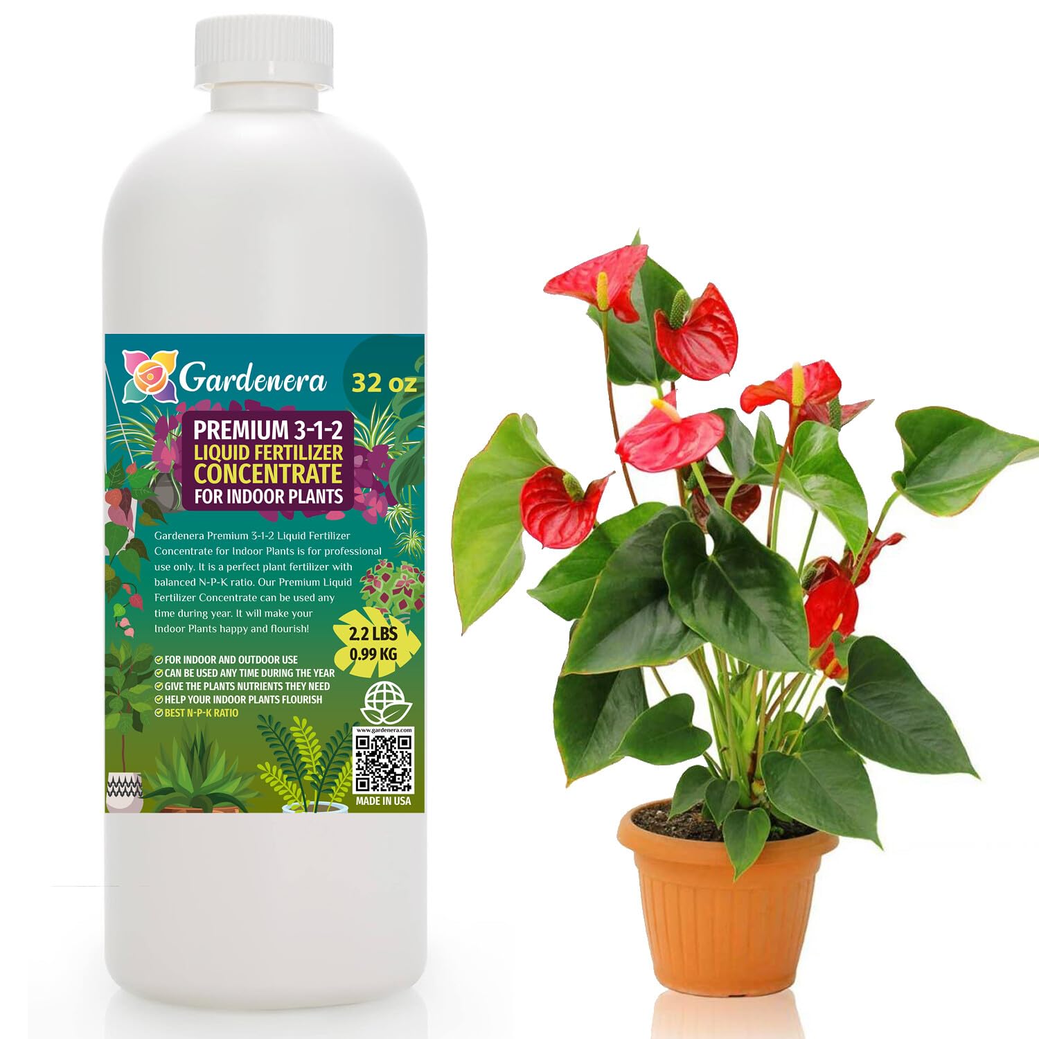 GARDENERA Premium 3-1-2 All Purpose Liquid Fertilizer Consentrate for All Indoor Plants & Flowers - Promotes Biomass Growth and Vibrant Leaf Color - 32oz Bottle