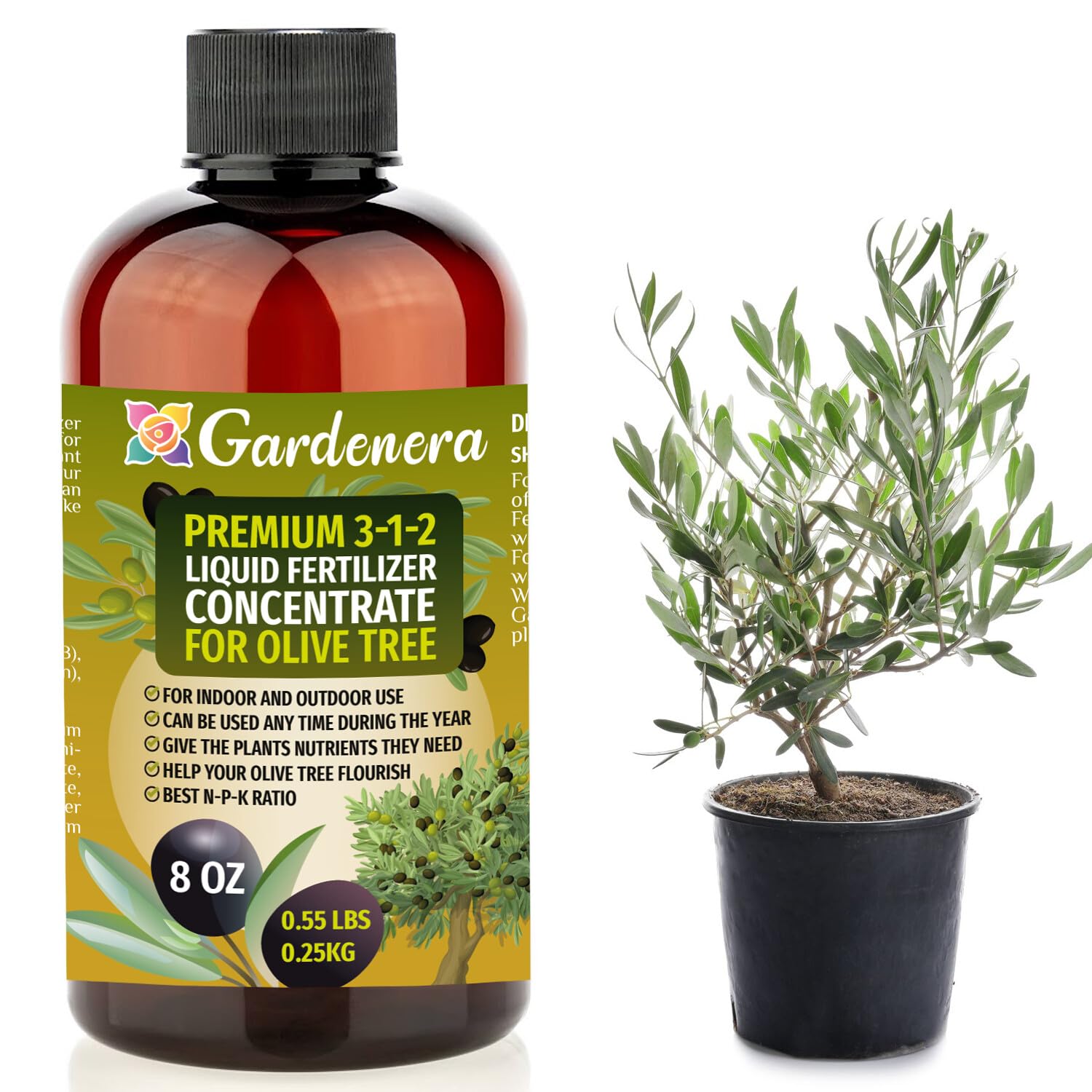 Premium Liquid Olive Tree Plant Fertilizer - 3-1-2 Concentrate for Indoor Plants and Flowers by Gardenera | Organic Plant Food for Olive Trees - 32oz