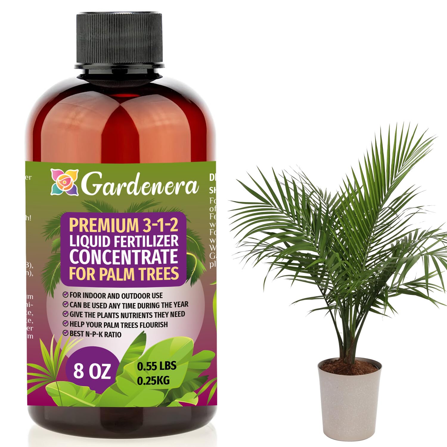 Premium Liquid Palm Tree Plant Fertilizer - 3-1-2 Concentrate for Indoor Plants and Flowers by Gardenera | Organic Plant Food for Palm Trees - 32oz