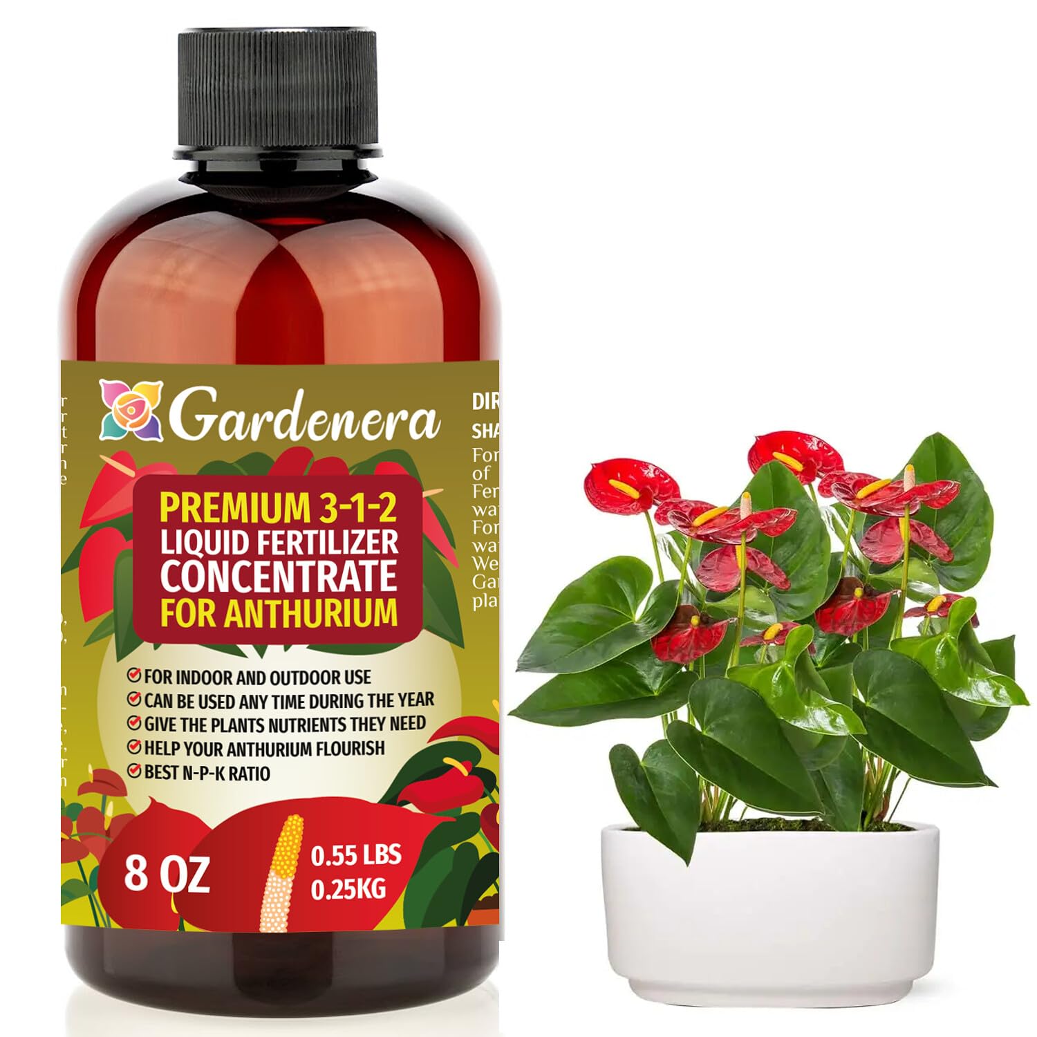 Premium Liquid ANTHURIUM Plant Fertilizer - 3-1-2 Concentrate for Indoor Plants and Flowers by Gardenera | Organic Plant Food for Anthurium Plants - 32oz