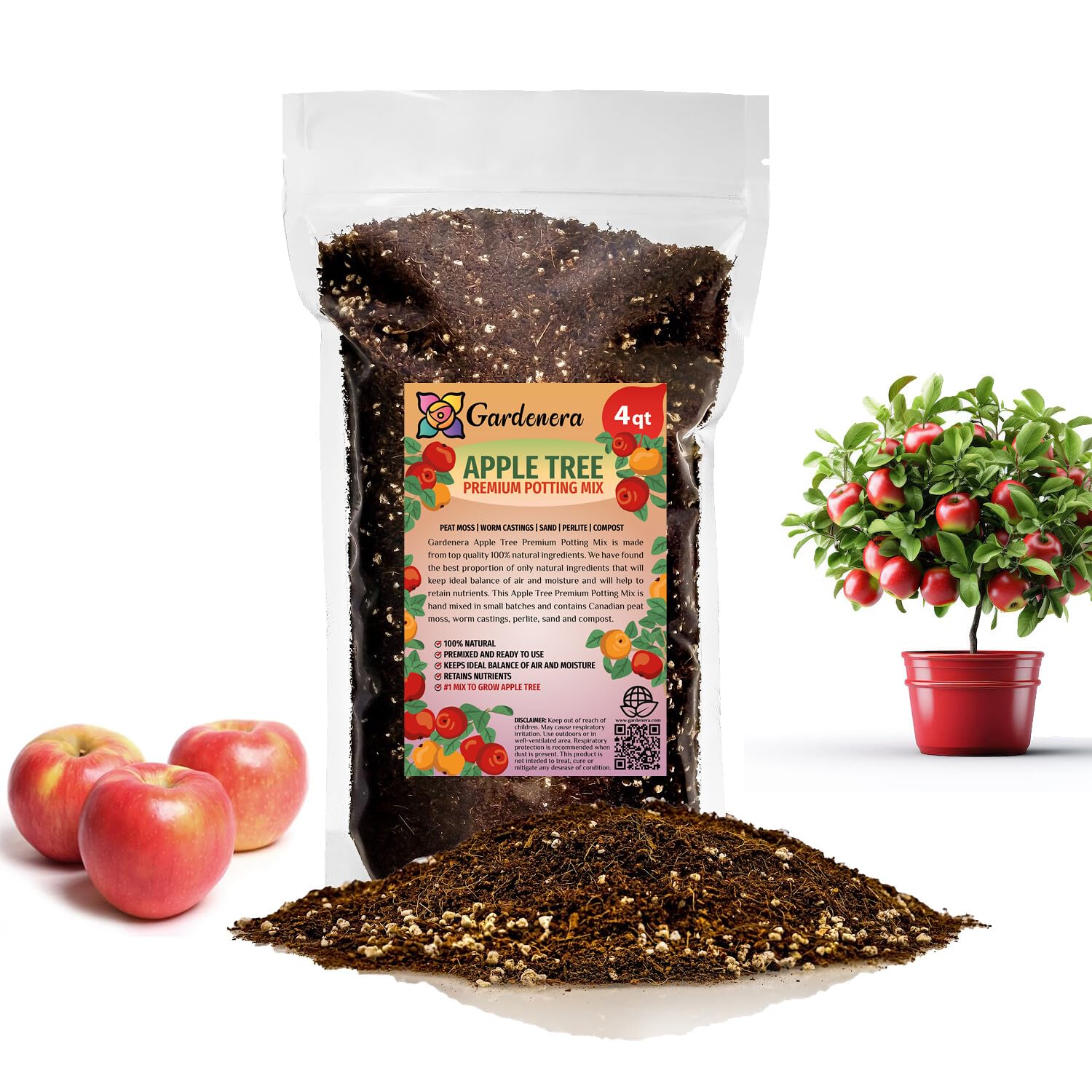 Gardenera Premium Apple Potting Soil Mix - Optimal Nutrient-Rich Blend for Thriving and Juicy Apples - 2 QUART