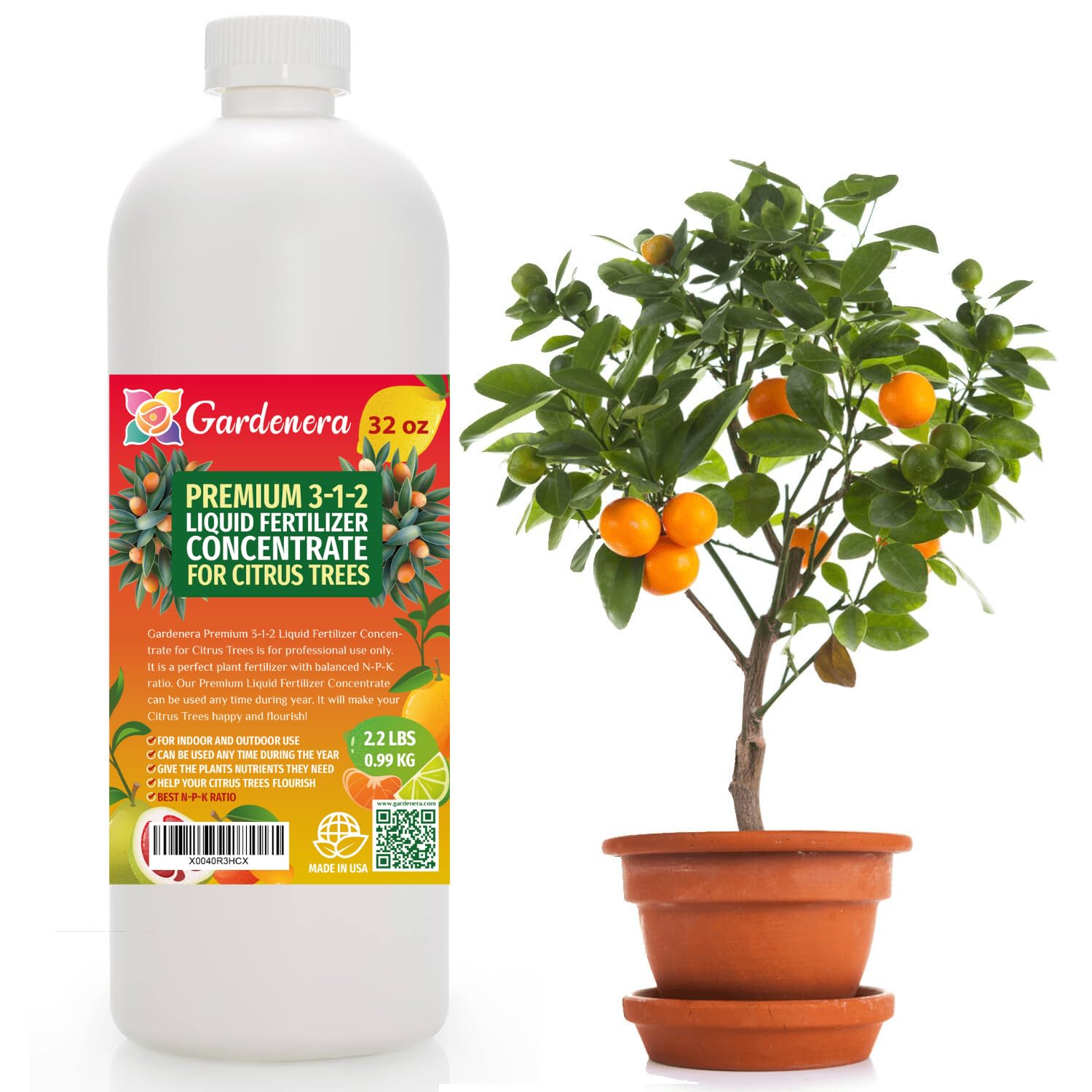 Premium Liquid Citrus Tree Plant Fertilizer - 3-1-2 Concentrate for Indoor Plants and Flowers by Gardenera | Organic Plant Food for Citrus Trees - 32oz