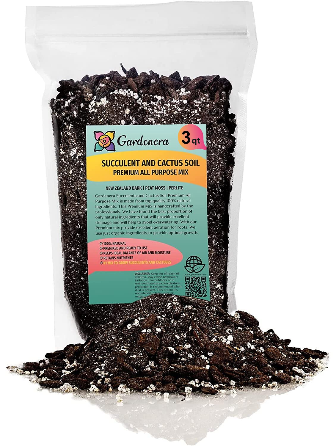 Gardenera Professional Succulent Soil Premium All Purpose Blend | Pre-Mixed Ready to Use for Cactus and Succulents | Sphagnum Peat Moss, Perlite, New Zealand Pine Bark - Made in USA - 1 Quart