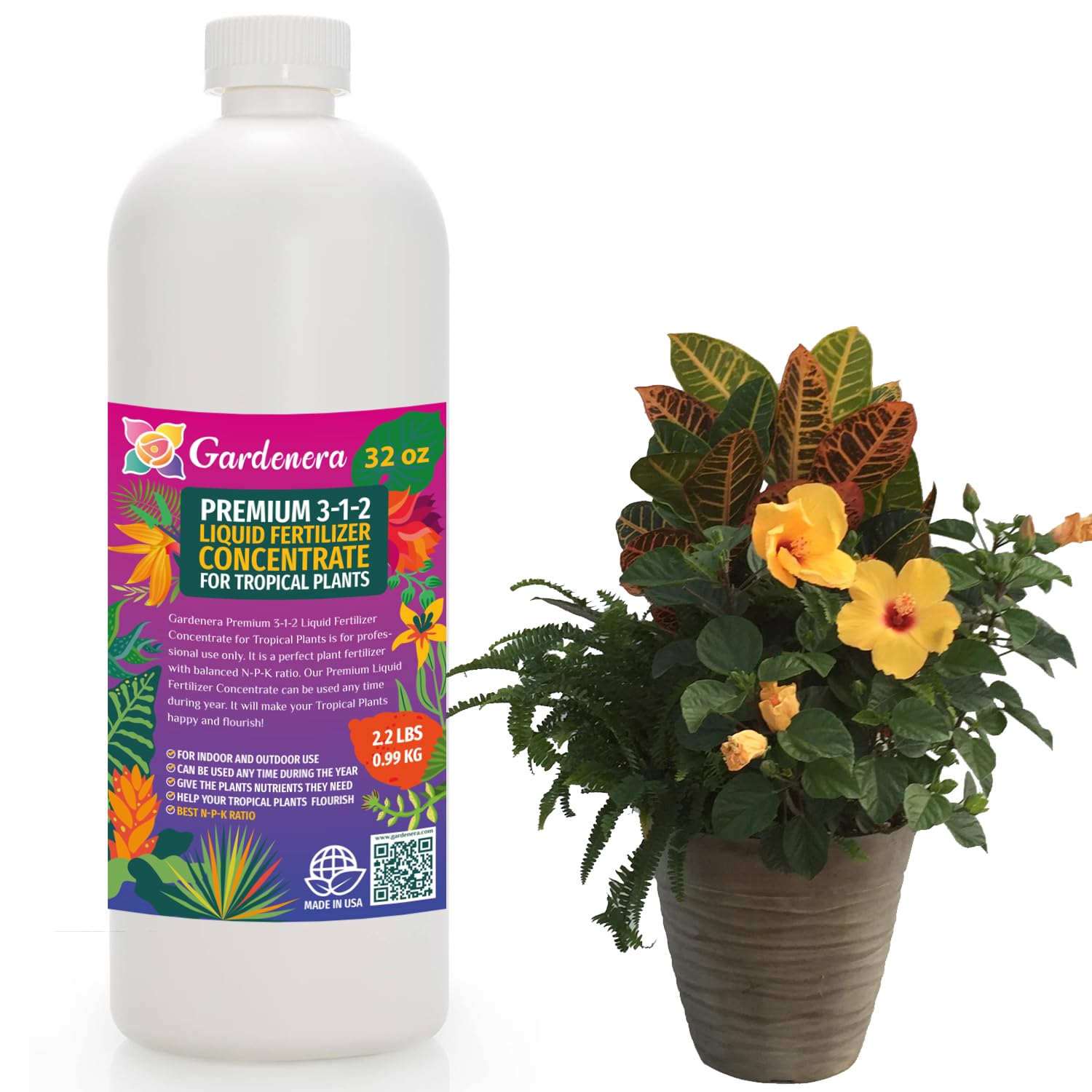 Premium Liquid Tropical Plants Plant Fertilizer - 3-1-2 Concentrate for Indoor Plants and Flowers by Gardenera | Organic Plant Food for Tropical Plants - 32oz