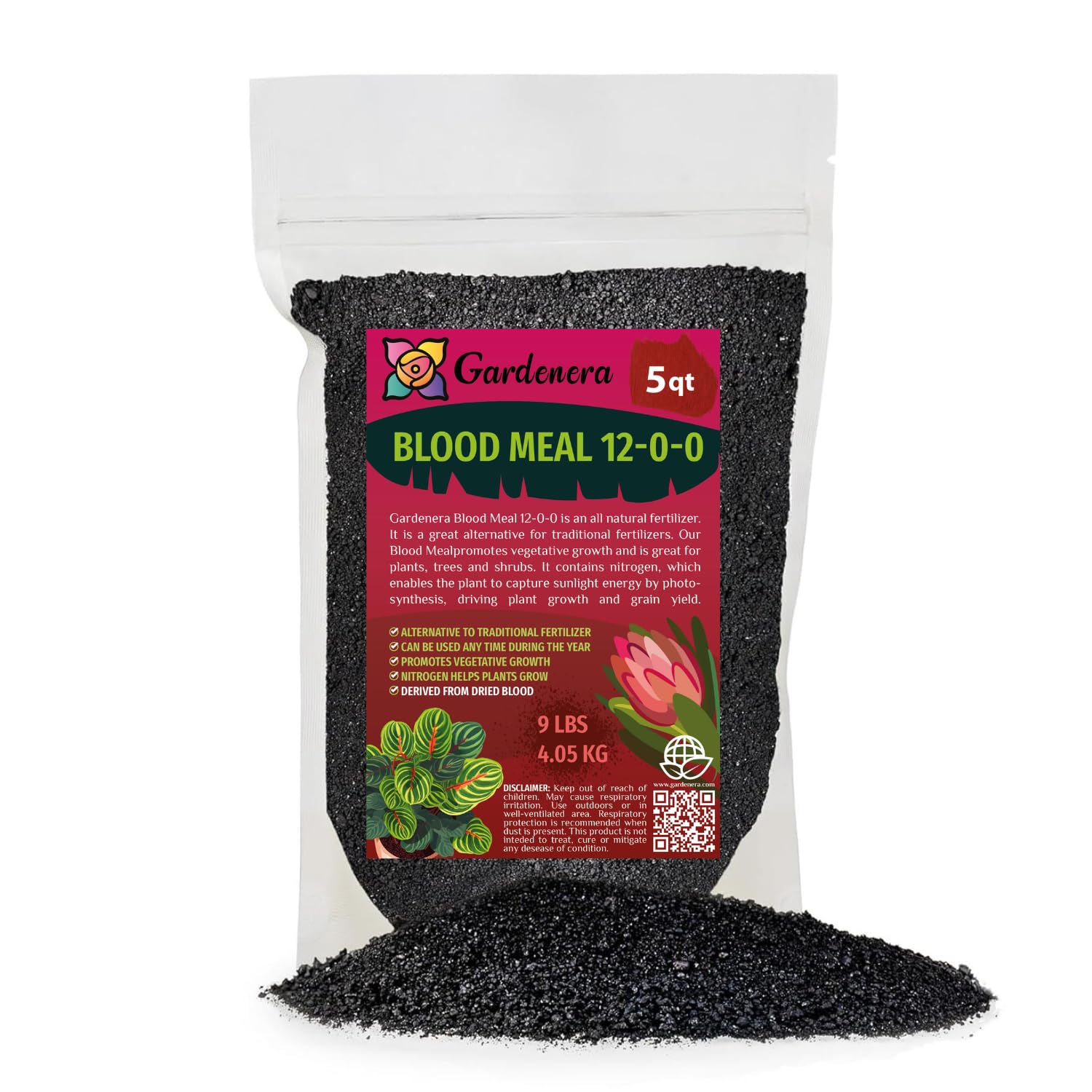 Premium 12-0-0 Organic Blood Meal Fertilizer by Gardenera - All-Natural Plant Food Source of Nitrogen for Organic Gardening, Flowers, Vegetables, Trees & Shrubs - 10 Quart