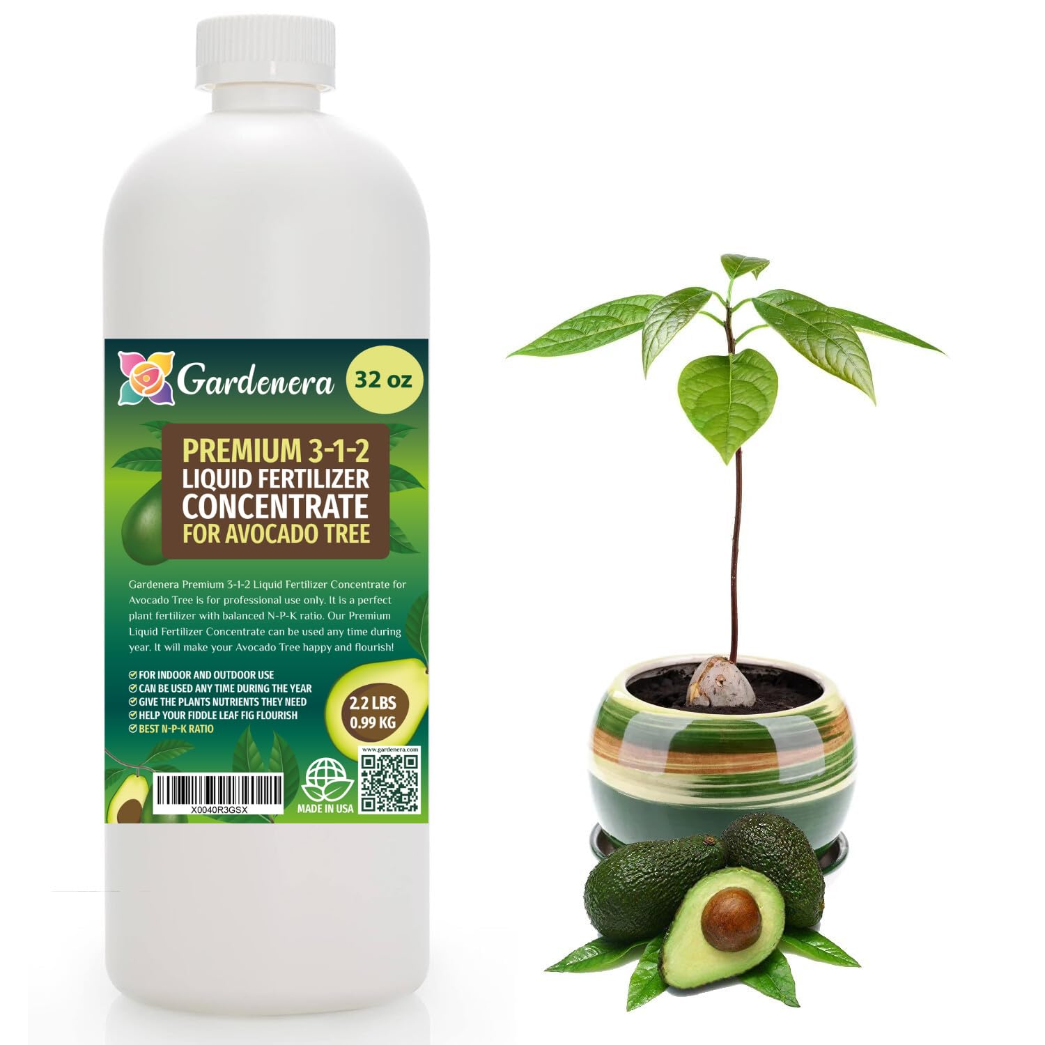 Premium Liquid Avocado Plant Fertilizer - 3-1-2 Concentrate for Indoor Plants and Flowers by Gardenera | Organic Plant Food for Avocado Trees - 32oz