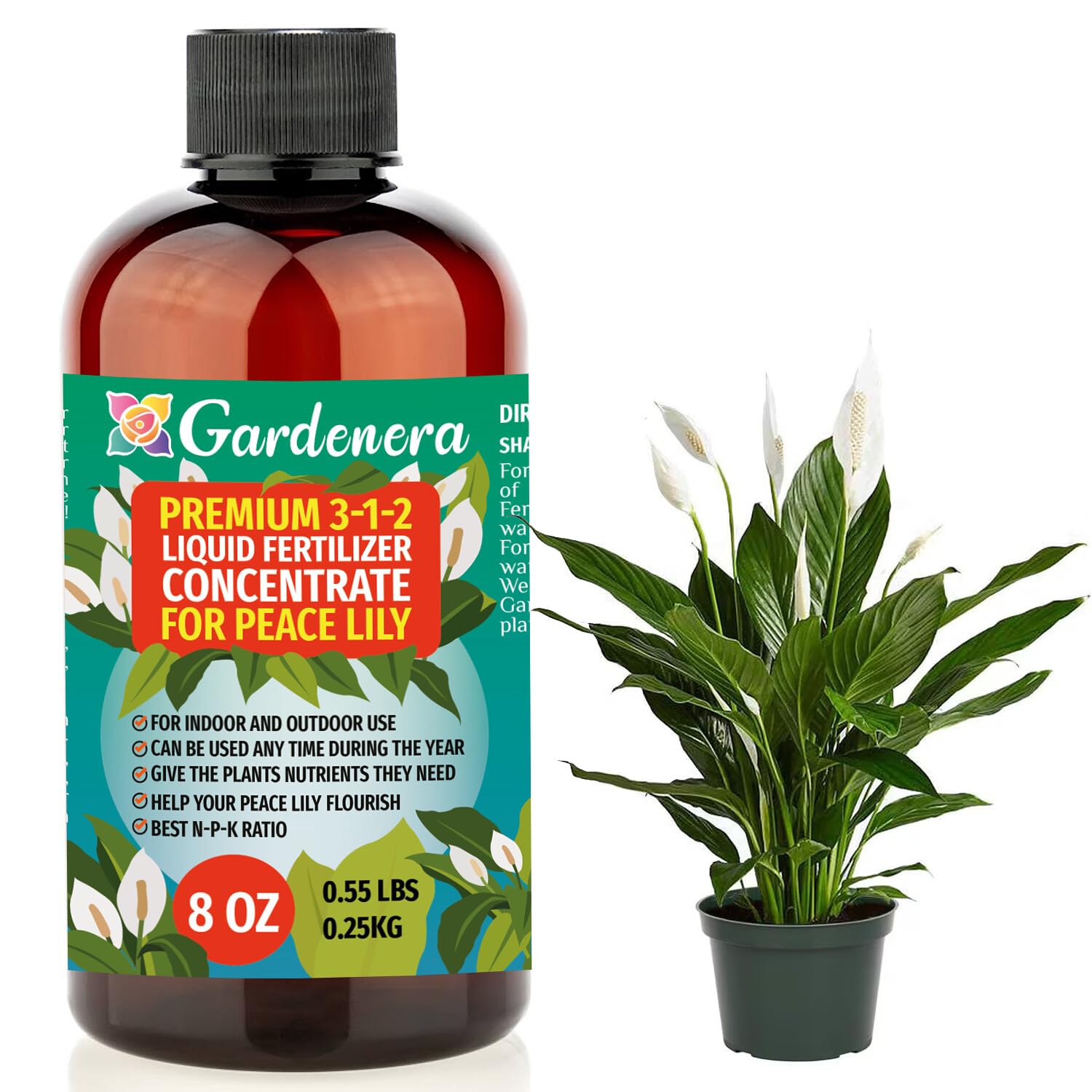 Premium Liquid Peace Lily Plant Fertilizer - 3-1-2 Concentrate for Indoor Plants and Flowers by Gardenera | Organic Plant Food for Peace Lily - 32oz