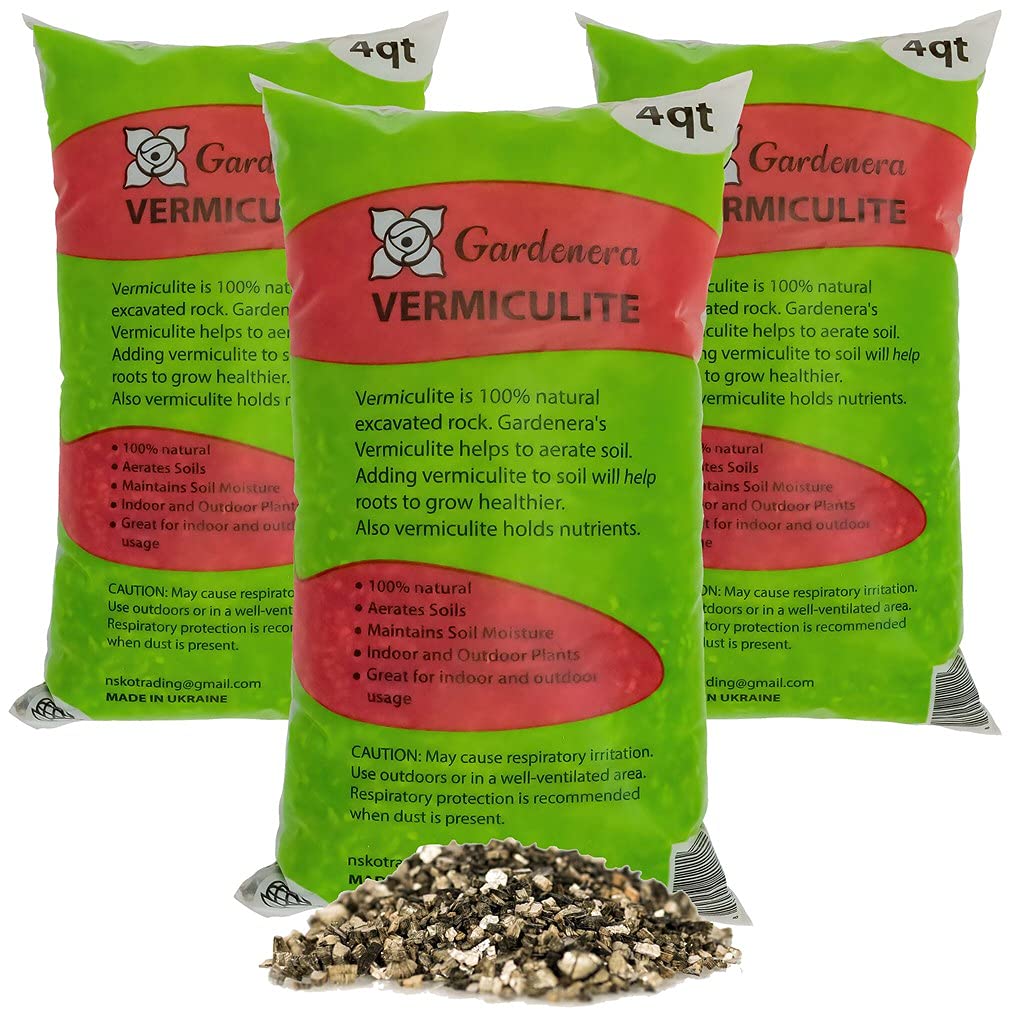 Horticultural Organic Vermiculite by GARDENERA - Medium Grade - Natural Soil Additive for Potted Plants - Orchids - Hydroponics - Terrariums (4 QT) - SET of 3