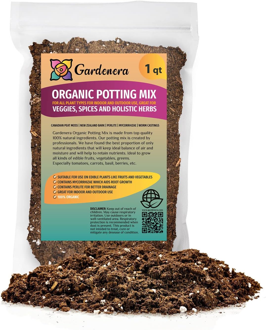 GARDENERA Organic Potting Mix for All Plant Types for Indoor and Outdoor Use, Great for Veggies, Spices, and Holistic Herbs - (1 Quart Bag)