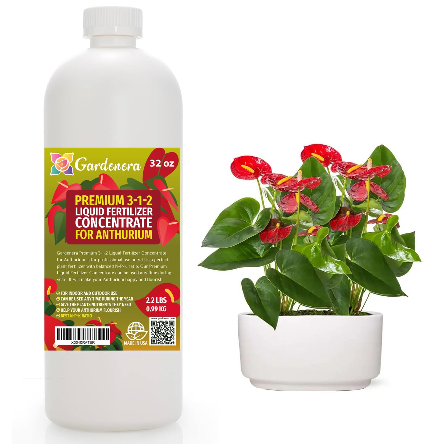 Premium Liquid ANTHURIUM Plant Fertilizer - 3-1-2 Concentrate for Indoor Plants and Flowers by Gardenera | Organic Plant Food for Anthurium Plants - 32oz