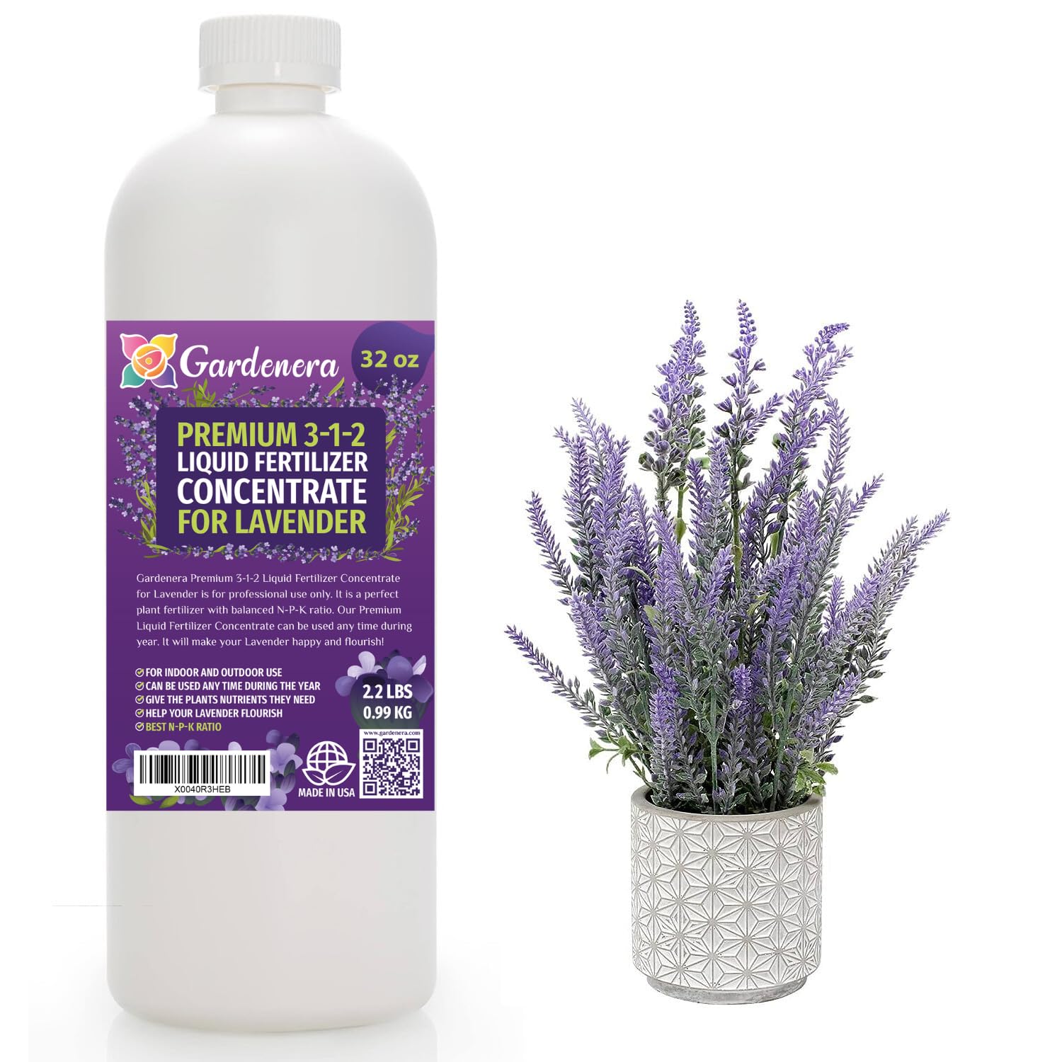 Premium Liquid Lavender Plant Fertilizer - 3-1-2 Concentrate for Indoor Plants and Flowers by Gardenera | Organic Plant Food for Lavenders - 32oz