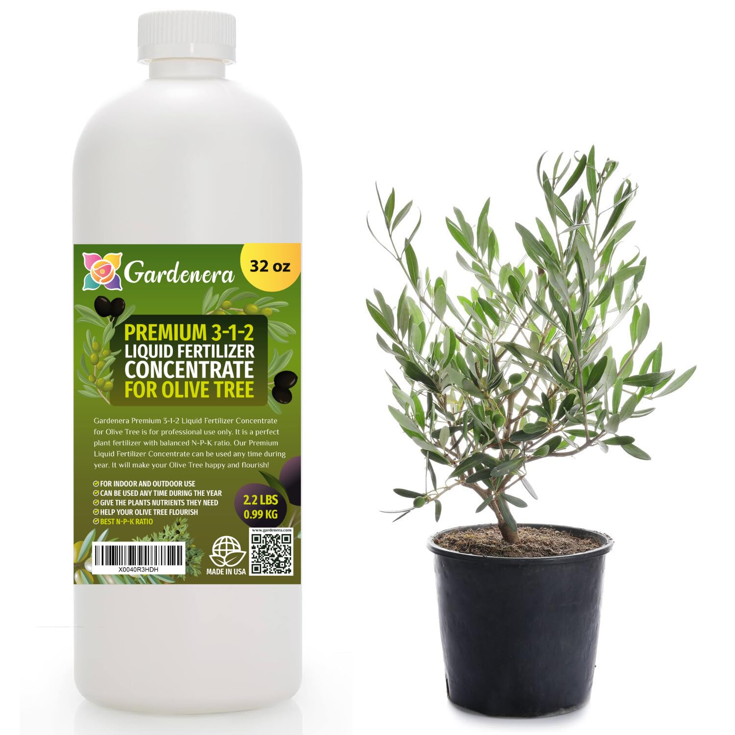 Premium Liquid Olive Tree Plant Fertilizer - 3-1-2 Concentrate for Indoor Plants and Flowers by Gardenera | Organic Plant Food for Olive Trees - 32oz