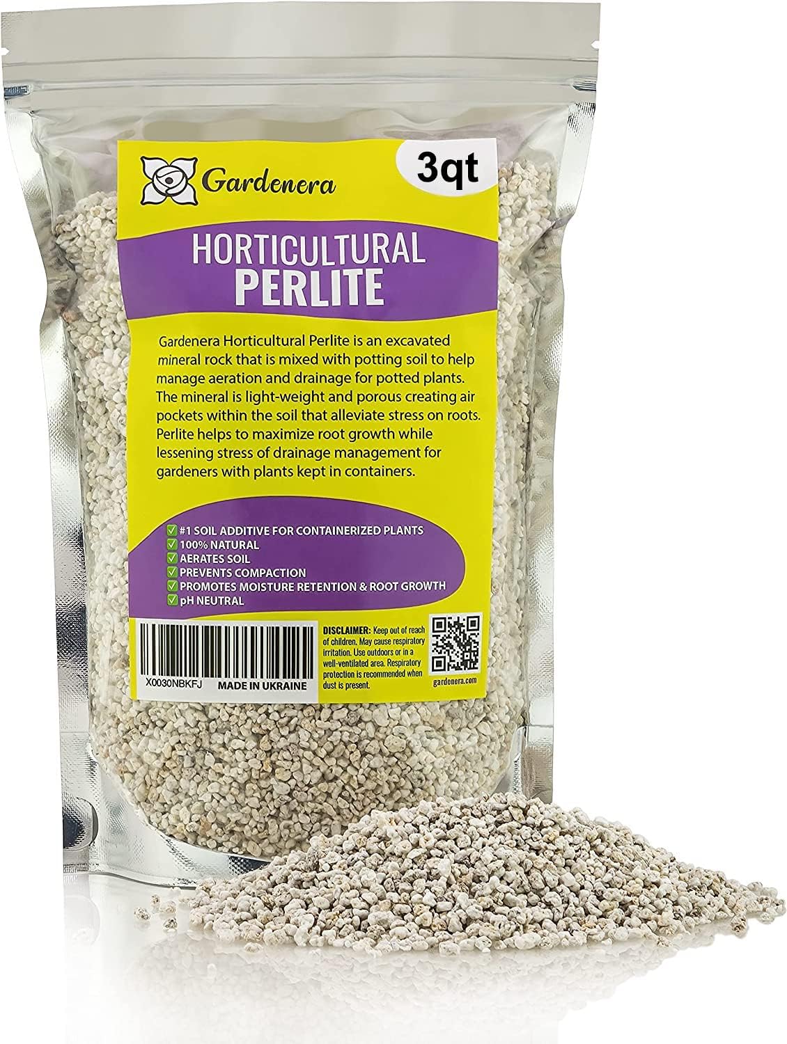 GARDENERA Premium Organic Perlite - Medium Grade - Horticultural Soil Amendment for Indoor & Outdoor Container Plants for Drainage Management and Enhanced Growth - 3 Quart