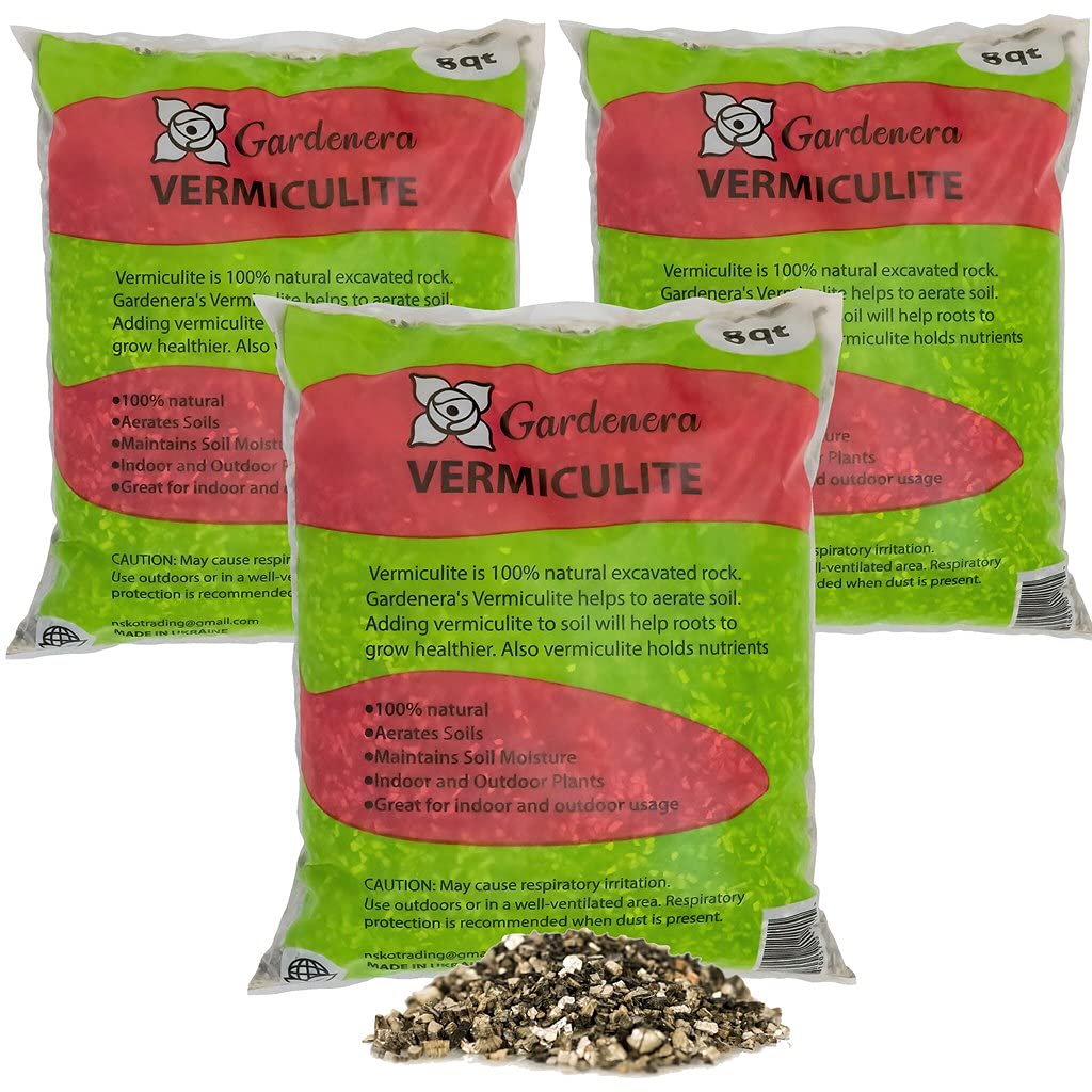 Horticultural Organic Vermiculite by GARDENERA - Medium Grade - Natural Soil Additive for Potted Plants - Orchids - Hydroponics - Terrariums (8 QT) - SET of 3