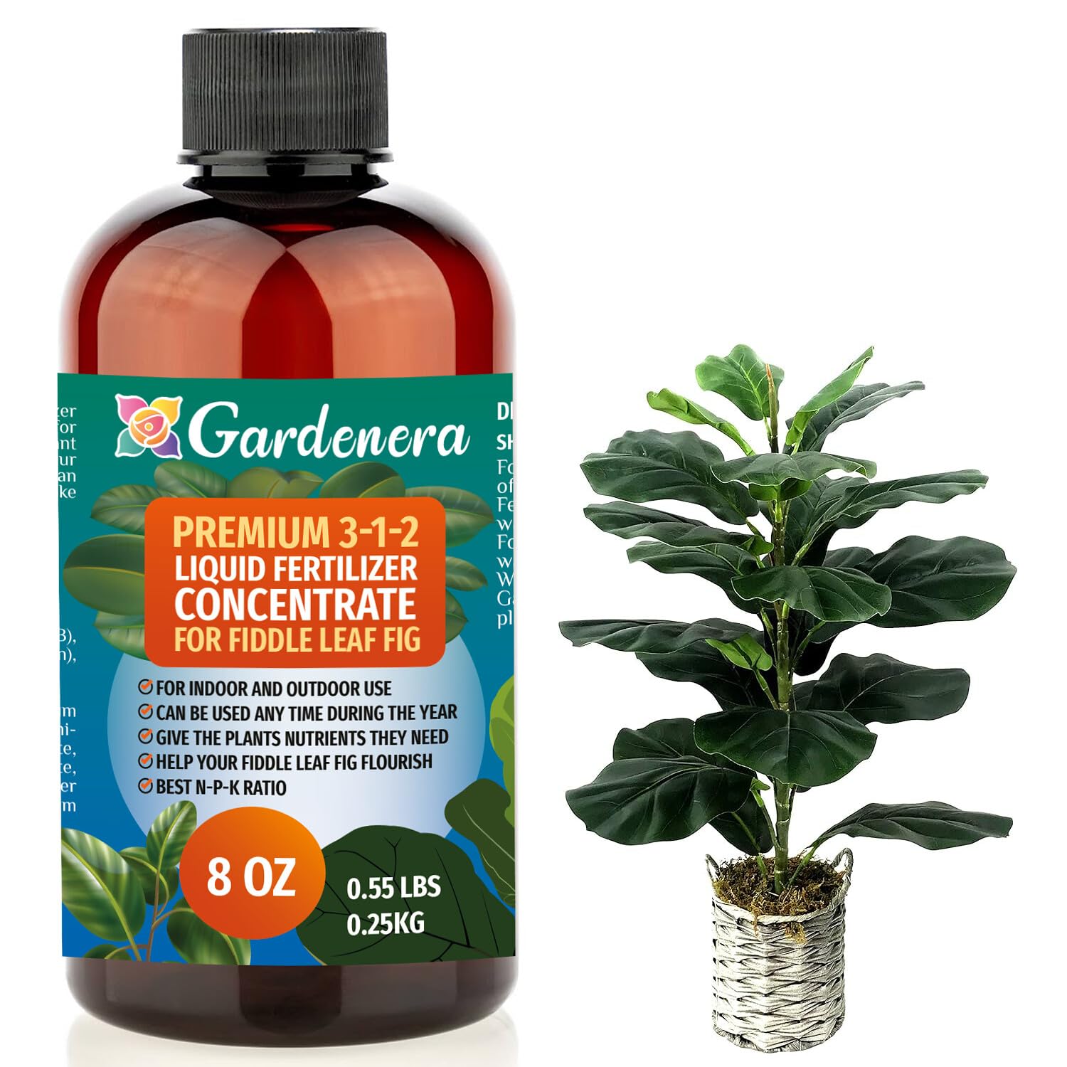 Premium Liquid Fiddle Leaf FIG Plant Fertilizer - 3-1-2 Concentrate for Indoor Plants and Flowers by Gardenera | Organic Plant Food for Fiddle Leaf Fig - 32oz