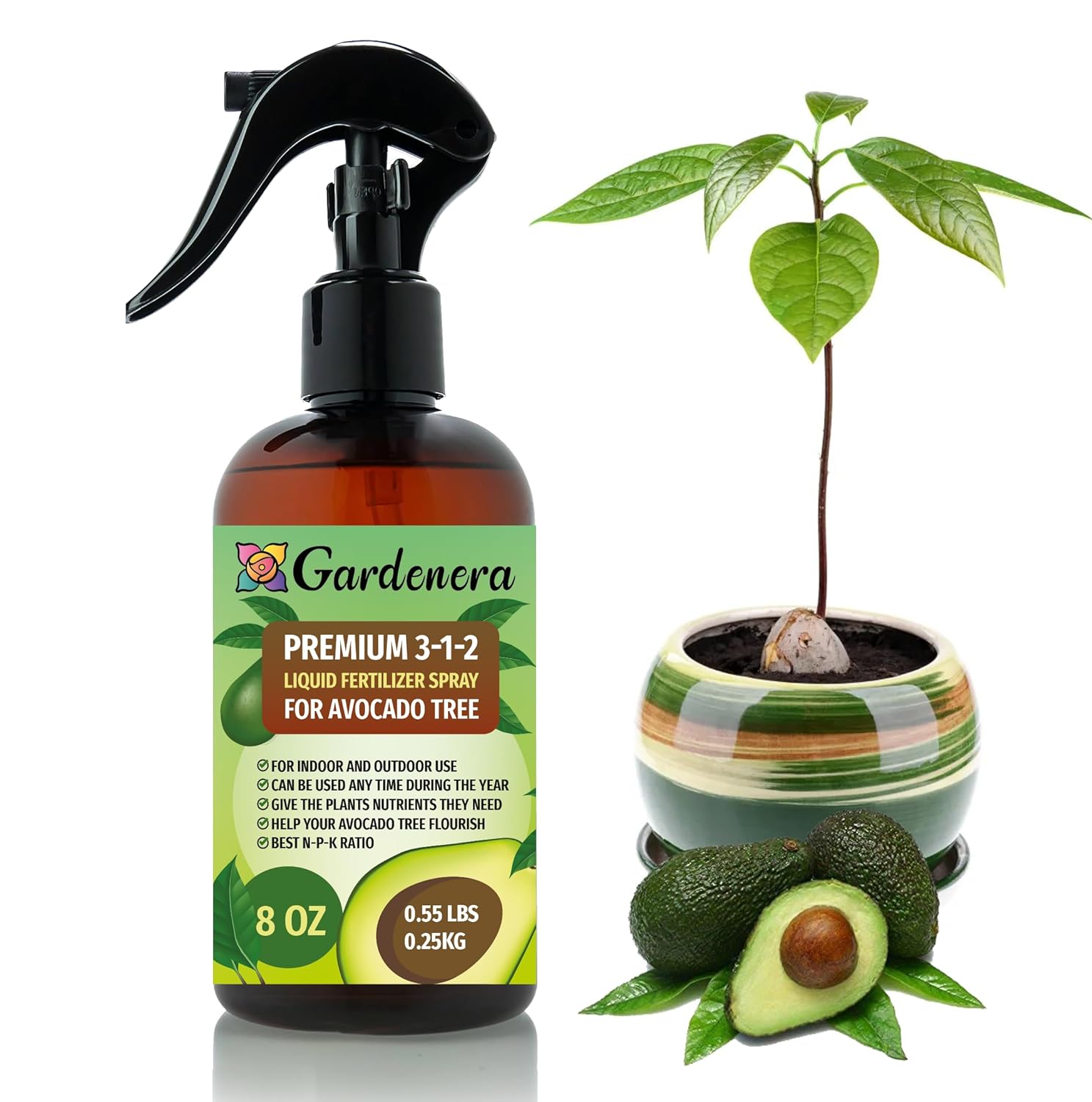 Gardenera Professional Avocado Spray Fertilizer Mist for Home Gardening | 3-1-2 Gentle Blend Mist for Healthy Leaves & Growth | Essential Nutrients for Avocados - 8oz