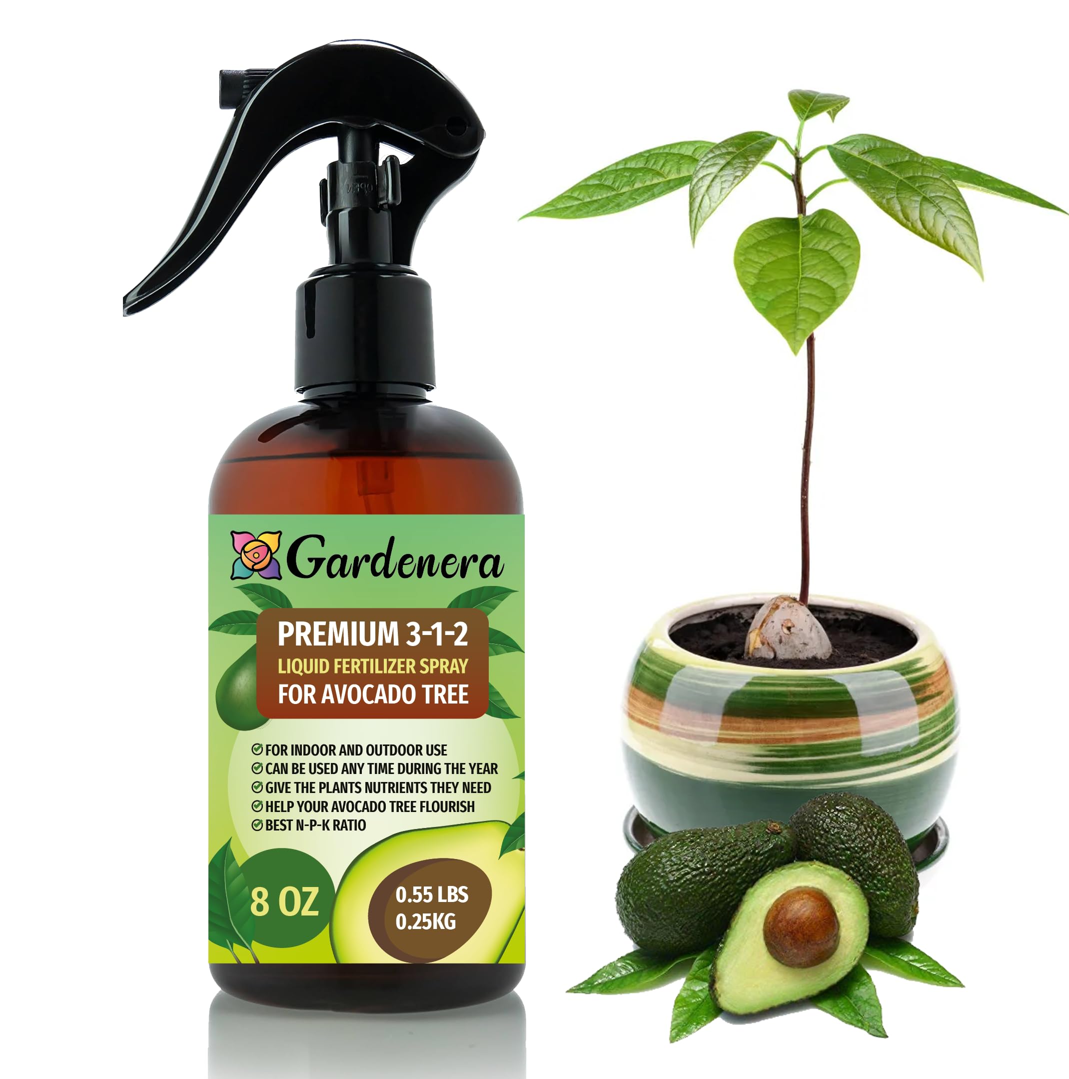 Gardenera Professional Avocado Spray Fertilizer Mist for Home Gardening | 3-1-2 Gentle Blend Mist for Healthy Leaves & Growth | Essential Nutrients for Avocados - 8oz