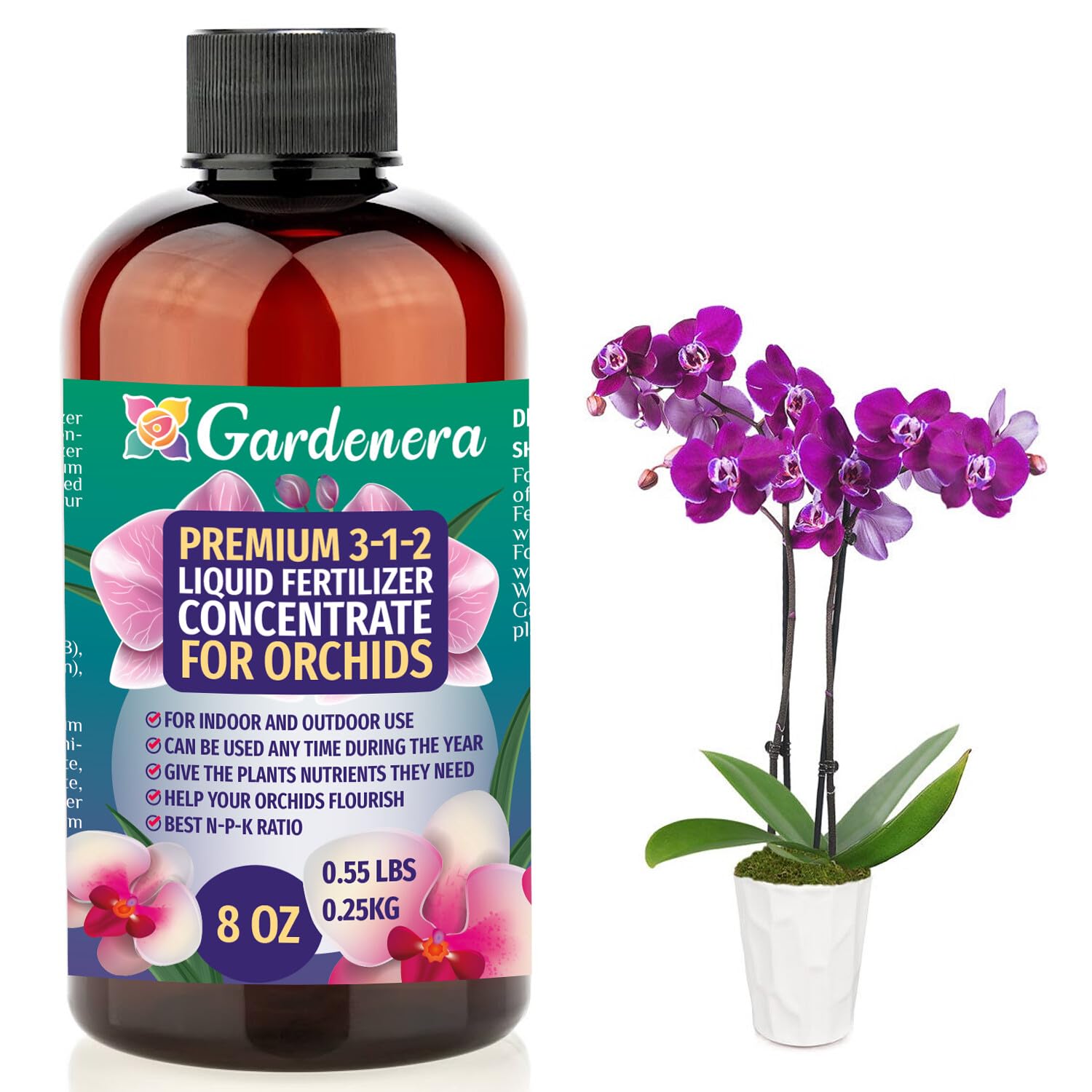 Premium Liquid Orchid Plant Fertilizer - 3-1-2 Concentrate for Indoor Plants and Flowers by Gardenera | Organic Plant Food for Orchids - 32oz