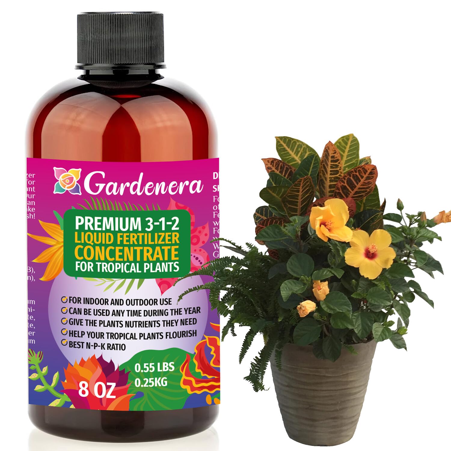 Premium Liquid Tropical Plants Plant Fertilizer - 3-1-2 Concentrate for Indoor Plants and Flowers by Gardenera | Organic Plant Food for Tropical Plants - 32oz