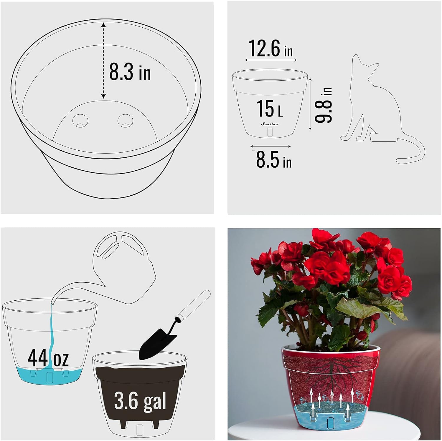 Santino ASTI 12.6 Inch Self Watering Planter RED-Pearl/White for Indoor Plants - Premium Quality Modern Plastic Pot w/Water Level Indicator for All House Herbs, Plants, African Violets and Dahlias