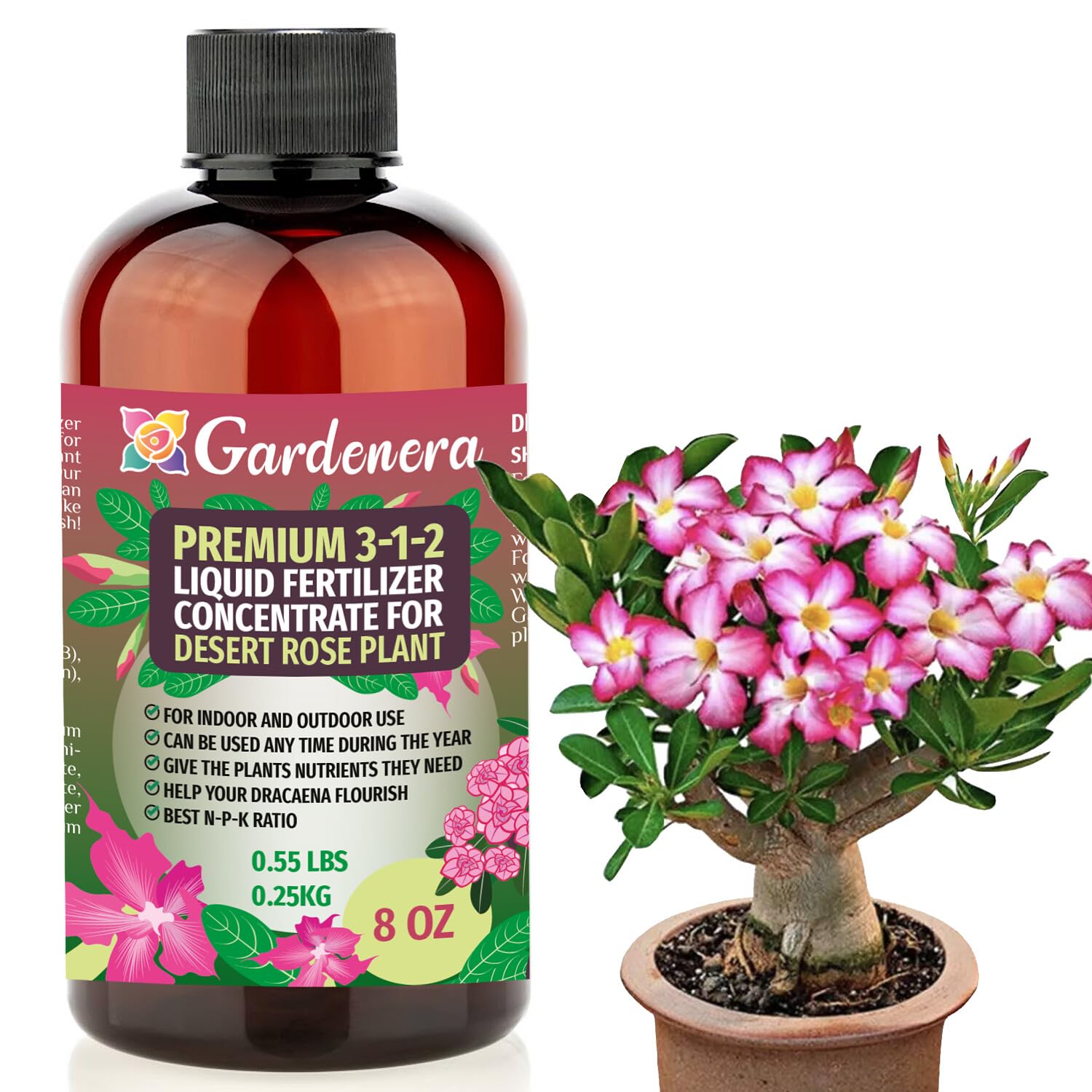 Premium Liquid Desert Rose Plant Fertilizer - 3-1-2 Concentrate for Indoor Plants and Flowers by Gardenera | Organic Plant Food for Desert Roses - 32oz