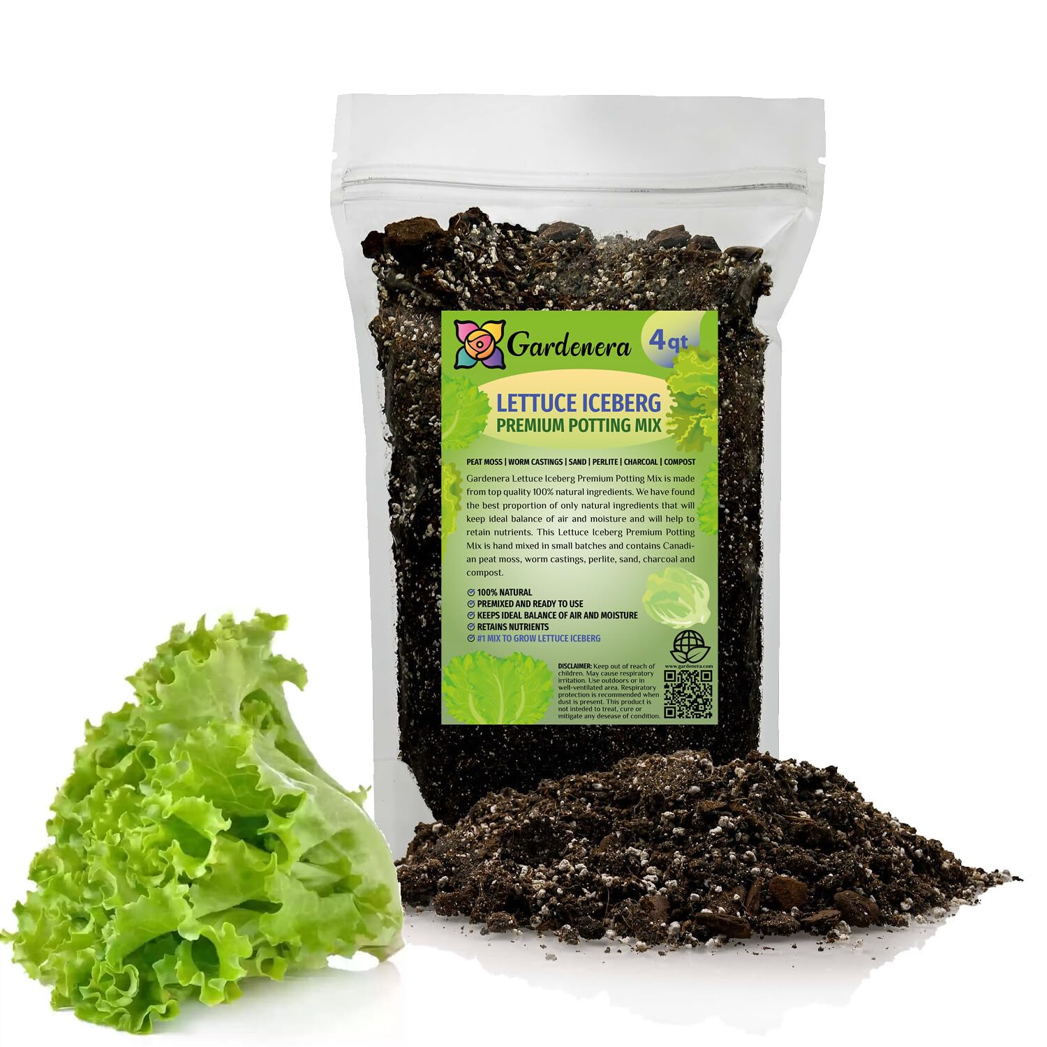 Gardenera Premium Potting Soil Blend for Lettuce Iceberg - The Ultimate Mix for Healthy, Vibrant, and Crisp Lettuce - 2 QUART