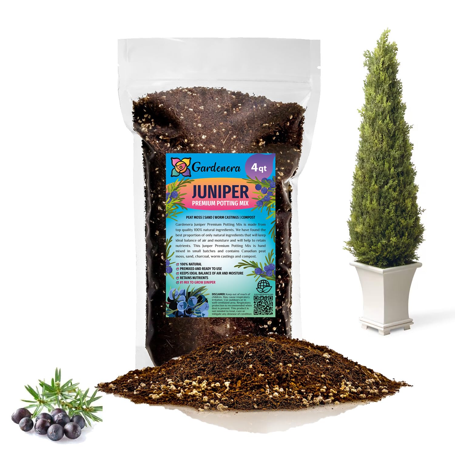 Gardenera Premium Juniper Potting Soil Mix - Optimal Nutrient-Rich Blend for Thriving and Healthy Juniper Trees - 2 QUART