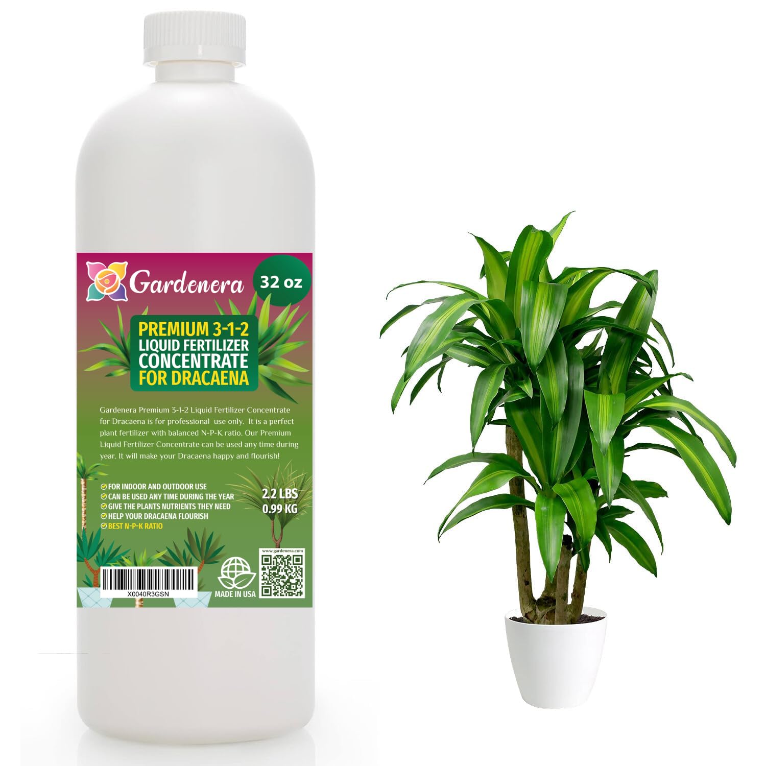 Premium Liquid Dracaena Plant Fertilizer - 3-1-2 Concentrate for Indoor Plants and Flowers by Gardenera | Organic Plant Food for Dracaena Plants - 32oz