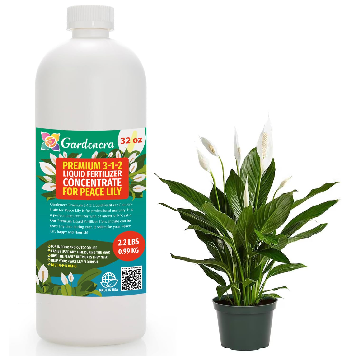 Premium Liquid Peace Lily Plant Fertilizer - 3-1-2 Concentrate for Indoor Plants and Flowers by Gardenera | Organic Plant Food for Peace Lily - 32oz