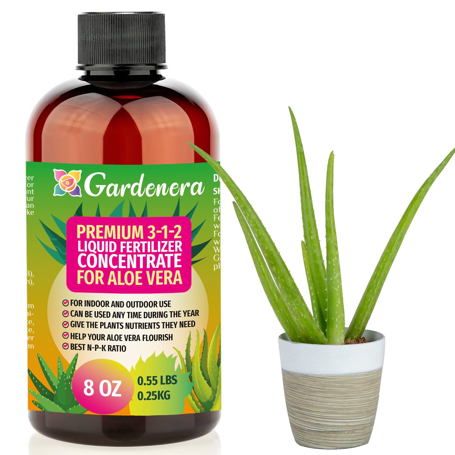 Premium Liquid Aloe Vera Plant Fertilizer - 3-1-2 Concentrate for Indoor Plants and Flowers by Gardenera | Organic Plant Food for Aloe Vera Plants - 32oz