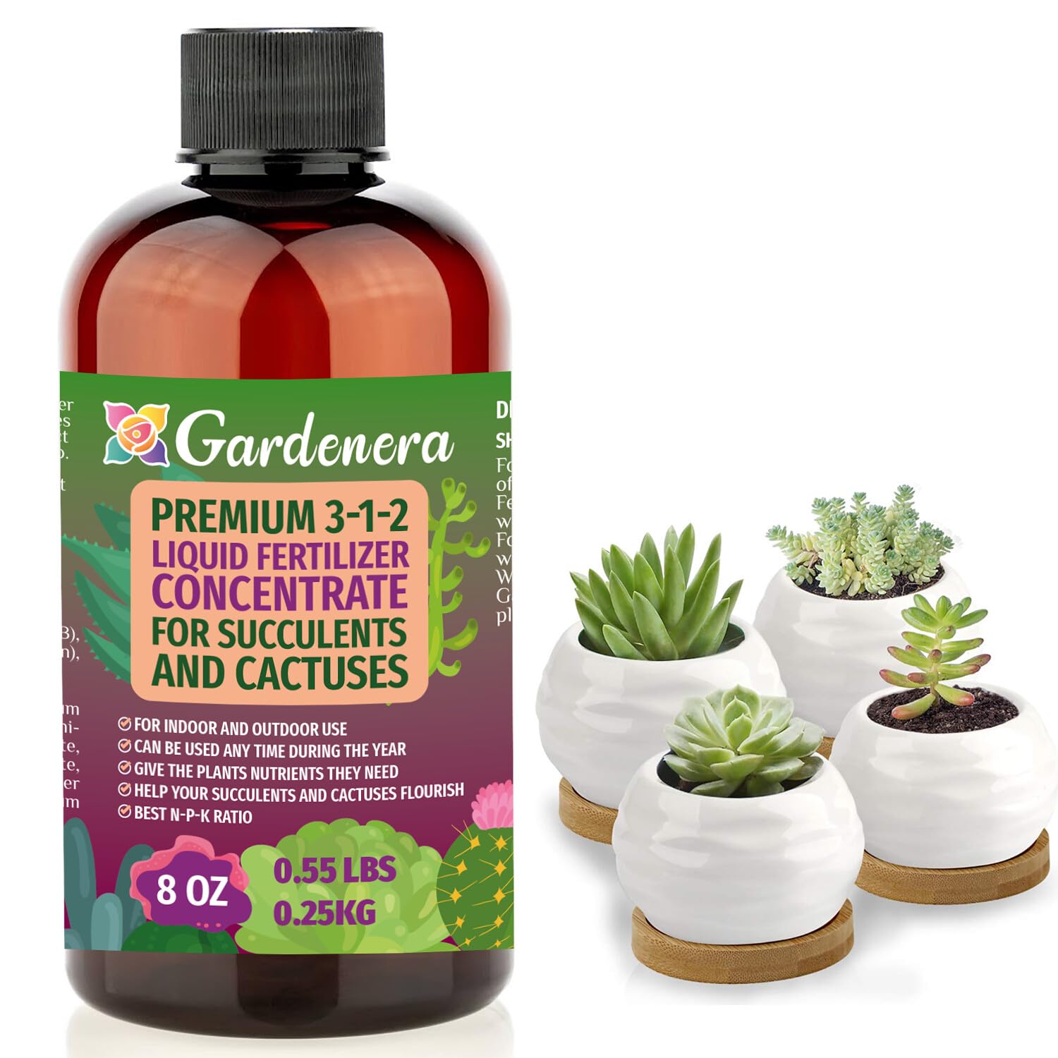 Premium Liquid SUCCULENT Plant Fertilizer - 3-1-2 Concentrate for Indoor Plants and Flowers by Gardenera | Organic Plant Food for  - 32oz